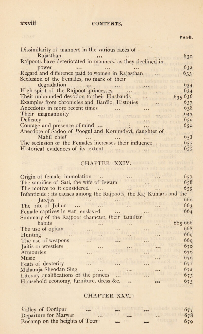 PAGE. Dissimilarity of manners in the various races of Rajasthan ... ... 632 Rajpoots have deteriorated in manners, as they declined in power ... ... ... 632 Regard and difference paid to women in Rajasthan ... 633 Seclusion of the Females, no mark of their degradation ... ... ... 634 High spirit of the Rajpoot princesses ... ... 634 Their unbounded devotion to their Husbands ... 635-636 Examples from chronicles and Bardic Histories .. 637 Anecdotes in more recent times ... ... 638 Their magnanimity ... ... ... 647 Delicacy ... ... ... ... 650 Courage and presence of mind ... • ... 650 Anecdote of .Sadoo of Poogul and Rorumdevi, daughter of Mahil chief ... ... ... 651 The seclusion of the Females increases their influence ... 655 Historical evidences of its extent ... ... 655 CHAPTER XXIV, Origin of female immolation .. ... ... 657 The sacrifice of Sati, the wife of Iswara ... 658 The motive to it considered ... ... ... 659 Infanticide : its causes among the Rajpoots, the Raj Kumars and the Jarejas ... ... ... ... 660 The rite of Johur ... ... ... ... 663 Female captives in war enslaved ... ... 664 Summary of the Rajpoot character, their familiar habits ... ... ... ... 665-666 The use of opium ... ... ... 668 Hunting ... ... ... ... 669 The use of weapons ... ... ... 669 Jaitis or wrestlers ... ... o., 670 Armouries ... ... ... 670 iVIuSiC ... ... 0.0 670 Feats of dexterity ... ... ... 67r Maharaja Sheodan Sing ... ... .,c 672 Literary qualifications of the princes ... ... 673 Household economy, furniture, dress &:c. 675 CHAPTER XXV. 677 678 679 Valley of Oodipur Departure for Marwar Encamp on the heights of Toos