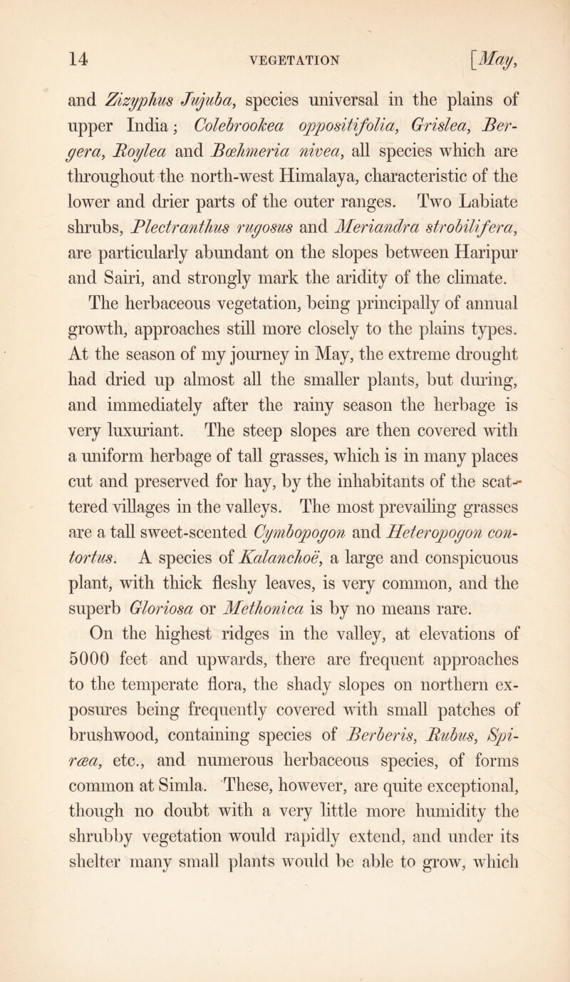 and Zizyplms Jujuba, species universal in the plains of upper India; Colebrookea oppositifolia, Grislea, Ber- gera, Roylea and Bcehmeria nivea, all species which are throughout the north-west Himalaya, characteristic of the lower and drier parts of the outer ranges. Two Labiate shrubs, BlectrantJius rugosus and Meriandra strobilifera, are particularly abundant on the slopes between Haripur and Sairi, and strongly mark the aridity of the climate. The herbaceous vegetation, being principally of annual growth, approaches still more closely to the plains types. At the season of my journey in May, the extreme drought had dried up almost all the smaller plants, but during, and immediately after the rainy season the herbage is very luxuriant. The steep slopes are then covered with a uniform herbage of tall grasses, which is in many places cut and preserved for hay, by the inhabitants of the scat- tered villages in the valleys. The most prevailing grasses are a tall sweet-scented Cymbopogon and Heteropogon con- tortus. A species of Kalanchoe, a large and conspicuous plant, with thick fleshy leaves, is very common, and the superb Gloriosa or Methonica is by no means rare. On the highest ridges in the valley, at elevations of 5000 feet and upwards, there are frequent approaches to the temperate flora, the shady slopes on northern ex- posures being frequently covered with small patches of brushwood, containing species of Berberis, Rubus, Spi- r<za, etc., and numerous herbaceous species, of forms common at Simla. These, however, are quite exceptional, though no doubt with a very little more humidity the shrubby vegetation would rapidly extend, and under its shelter many small plants would be able to grow, which