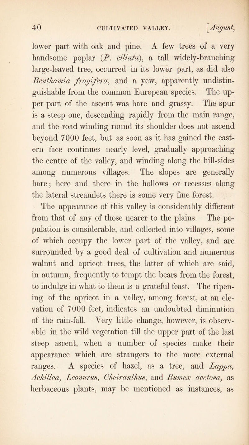 lower part with oak and pine. A few trees of a very handsome poplar (jP. ciliata:), a tall widely-branching large-leaved tree, occurred in its lower part, as did also Benthamia fragifera, and a yew, apparently undistin- guishable from the common European species. The up- per part of the ascent was bare and grassy. The spur is a steep one, descending rapidly from the main range, and the road winding round its shoulder does not ascend beyond 7000 feet, but as soon as it has gained the east- ern face continues nearly level, gradually approaching the centre of the valley, and winding along the hill-sides among numerous villages. The slopes are generally bare; here and there in the hollows or recesses along the lateral streamlets there is some very fine forest. The appearance of this valley is considerably different from that of any of those nearer to the plains. The po- pulation is considerable, and collected into villages, some of which occupy the lower part of the valley, and are surrounded by a good deal of cultivation and numerous walnut and apricot trees, the latter of which are said, in autumn, frequently to tempt the bears from the forest, to indulge in what to them is a grateful feast. The ripen- ing of the apricot in a valley, among forest, at an ele- vation of 7000 feet, indicates an undoubted diminution of the rain-fall. Very little change, however, is observ- able in the wild vegetation till the upper part of the last steep ascent, when a number of species make their appearance which are strangers to the more external ranges. A species of hazel, as a tree, and Lappa, Achillea, Leonurus, Cheiranthus, and Bumex acetosa, as herbaceous plants, may be mentioned as instances, as