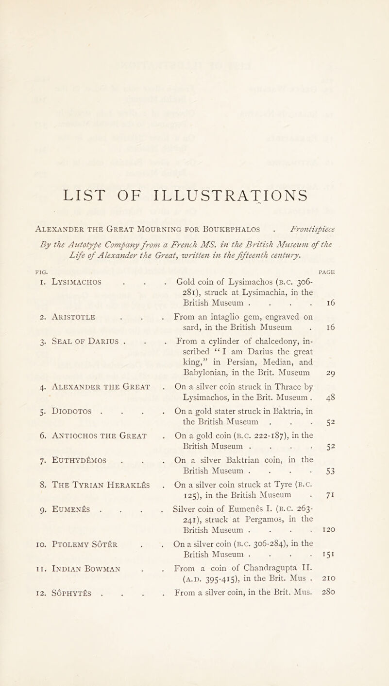 LIST OF ILLUSTRATIONS Alexander the Great Mourning for Boukephalos . Frontispiece By the Autotype Company from a French MS. in the British Museum of the Life of Alexander the Great, written in the fifteenth century. FIG. 1. Lysimachos 2. Aristotle 3. Seal of Darius . 4. Alexander the Great 5. Diodotos . 6. Antiochos the Great 7. Euthydemos 8. The Tyrian Herakles 9. Eumen:es . 10. Ptolemy Soter 11. Indian Bowman 12. SofhytLs . PAGE Gold coin of Lysimachos (b.c. 306- 281), struck at Lysimachia, in the British Museum . . . .16 From an intaglio gem, engraved on sard, in the British Museum . 16 From a cylinder of chalcedony, in- scribed 111 am Darius the great king,” in Persian, Median, and Babylonian, in the Brit. Museum 29 On a silver coin struck in Thrace by Lysimachos, in the Brit. Museum . 48 On a gold stater struck in Baktria, in the British Museum ... 52 On a gold coin (b.c. 222-187), in the British Museum .... 52 On a silver Baktrian coin, in the British Museum . ... 53 On a silver coin struck at Tyre (b.c. 125), in the British Museum . 71 Silver coin of Eumenes I. (b.c. 263- 241), struck at Pergamos, in the British Museum . . . .120 On a silver coin (b.c. 306-284), in the British Museum . . . • I5I From a coin of Chandragupta II. (a.d. 395-415), in the Brit. Mus . 210 From a silver coin, in the Brit. Mus. 280