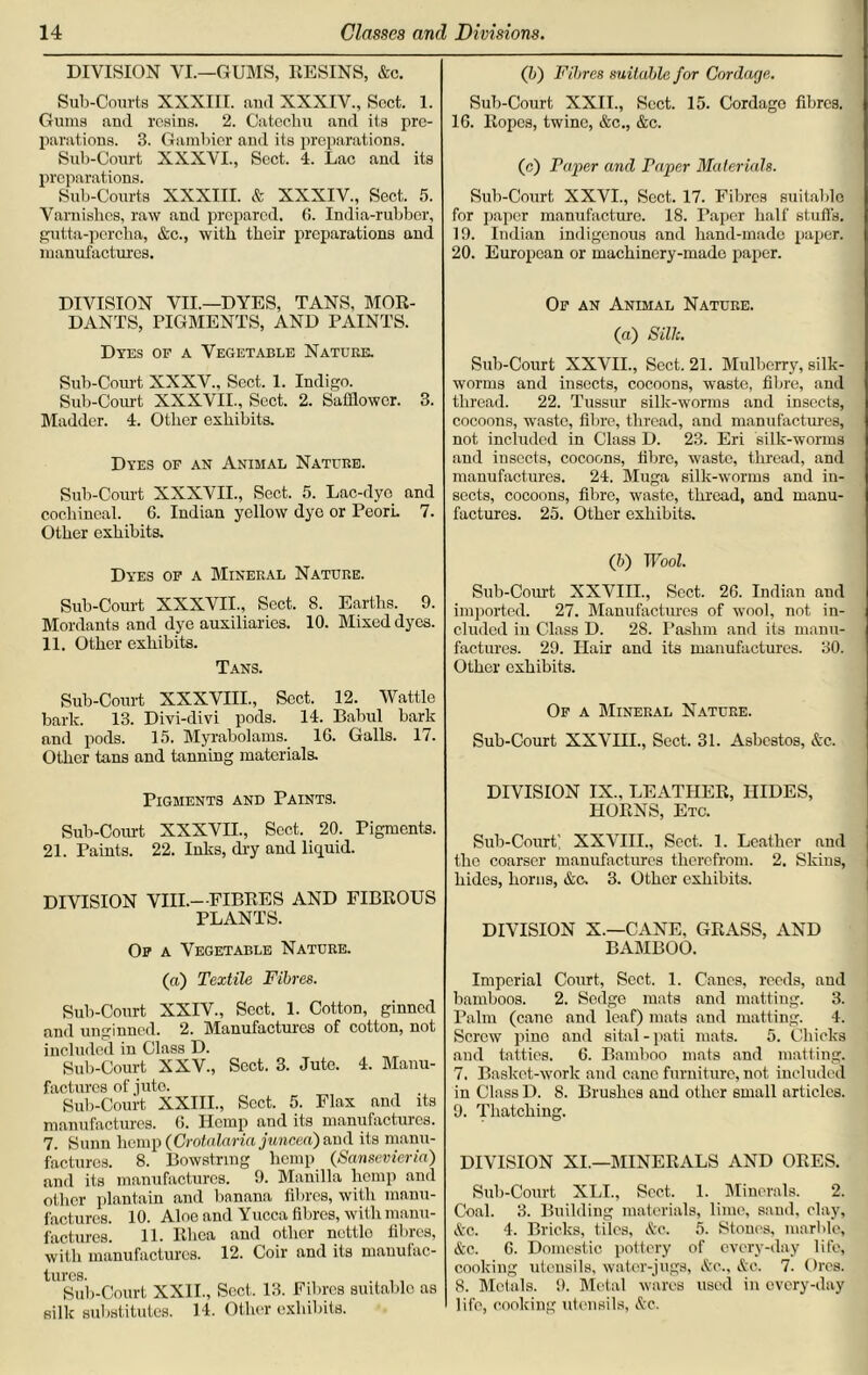 DIVISION VI.—GUMS, RESINS, &c. Sub-Courts XXXIII. and XXXIV., Sect. 1. Gums and resins. 2. Catechu and its pre- parations. 3. Gambier and its preparations. Sub-Court XXXVI., Sect. 4. Lac and its preparations. Sub-Courts XXXIII. & XXXIV., Sect. 5. Varnishes, raw and prepared. 6. India-rubber, gutta-percha, &c., with their preparations and manufactures. DIVISION VII.—DYES, TANS, MOR- DANTS, PIGMENTS, AND PAINTS. Dyes of a Vegetable Nature. Sub-Court XXXV., Sect. 1. Indigo. Sub-Court XXXVII., Sect. 2. Safflower. 3. Madder. 4. Other exhibits. Dyes of an Animal Nature. Sub-Court XXXVII., Sect. 5. Lac-dyo and cochineal. 6. Indian yellow dye or PeorL 7. Other exhibits. Dyes of a Mineral Nature. Sub-Court XXXVII., Sect. 8. Earths. 9. Mordants and dye auxiliaries. 10. Mixed dyes. 11. Other exhibits. Tans. Sub-Court XXXVIII., Sect. 12. Wattle bark. 13. Divi-divi pods. 14. Babul bark and pods. 15. Myrabolams. 16. Galls. 17. Other tans and tanning materials. Pigments and Paints. Sub-Court XXXVII., Sect. 20. Pigments. 21. Paints. 22. Inks, dry and liquid. DIVISION VIII.—FIBRES AND FIBROUS PLANTS. Of a Vegetable Nature. (a) Textile Fibres. Sub-Court XXIV., Sect. 1. Cotton, ginned and unginned. 2. Manufactures of cotton, not included in Class D. Sub-Court XXV., Sect. 3. Jute. 4. Manu- factures of jute. Sub-Court XXIII., Sect. 5. Flax and its manufactures. 6. Hemp and its manufactures. 7. Sunn hemp (Crotalaria juncea) and its manu- factures. 8. Bowstring hemp (Sansevieria) and its manufactures. 9. Manilla hemp and other plantain and banana fibres, with manu- factures. 10. Aloe and Yucca fibres, with manu- factures. 11. Rhea and other ncttlo fibres, with manufactures. 12. Coir and its manufac- tures. ,, Sub-Court XXII., Sect. 13. Fibres suitable as silk substitutes. 14. Other exhibits. (5) Fibres suitable for Cordage. Sub-Court XXII., Sect. 15. Cordage fibres. 16. Ropes, twine, &c., &c. (c) Paper and Taper Materials. Sub-Court XXVI., Sect. 17. Fibres suitable for paper manufacture. 18. Paper half stuffs. 19. Indian indigenous and hand-made paper. 20. European or machinery-made paper. Of an Animal Nature. (a) Silk. Sub-Court XXVII., Sect. 21. Mulberry, silk- worms and insects, cocoons, waste, fibre, and thread. 22. Tussur silk-worms and insects, cocoons, waste, fibre, thread, and manufactures, not included in Class D. 23. Eri silk-worms and insects, cocoons, fibre, waste, thread, and manufactures. 24. Muga silk-worms and in- sects, cocoons, fibre, waste, thread, and manu- factures. 25. Other exhibits. (b) Wool. Sub-Court XXVIII., Sect. 26. Indian and imported. 27. Manufactures of wool, not in- cluded in Class D. 28. Pashm and its manu- factures. 29. Hair and its manufactures. 30. Other exhibits. Of a Mineral Nature. Sub-Court XXVIII., Sect. 31. Asbestos, &c. DIVISION IX., LEATHER, HIDES, HORNS, Etc. Sub-Court’ XXVIII., Sect. 1. Leather and the coarser manufactures therefrom. 2. Skins, hides, horns, &c. 3. Other exhibits. DIVISION X.—CANE, GRASS, AND BAMBOO. Imperial Court, Sect. 1. Canos, reeds, and bamboos. 2. Sedge mats and matting. 3. Palm (cane and leaf) mats and matting. 4. Screw pine and sital - pati mats. 5. Chicks and tatties. 6. Bamboo mats and matting. 7. Basket-work and cane furniture, not included in Class D. 8. Brushes and other small articles. 9. Thatching. DIVISION XI.—MINERALS AND ORES. Sub-Court XLI., Sect. 1. Minerals. 2. Coal. 3. Building materials, lime, sand, clay, &c. 4. Bricks, tiles, &c. 5. Stones, marble, &c. 6. Domestic pottery of every-day life, cooking utensils, water-jugs, &c., &c. 7. Ores. 8. Metals. 9. Metal wares used in every-day life, cooking utensils, &c.