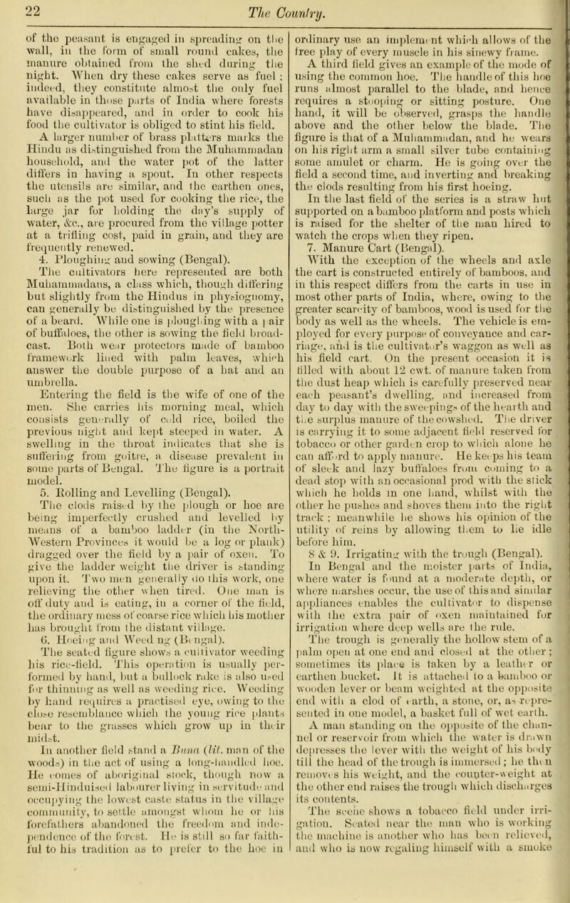 of tho peasant is eugaged in spreading on the wall, in the form of small round cakes, the manure obtained from the shed during the night. When dry these cakes serve as fuel ; indeed, they constitute almost the only fuel available in those parts of India where forests have disappeared, and in order to cook his food the cultivator is obliged to stint his field. A larger number of brass platters marks the Hindu as distinguished from the Muhammadan household, and the water pot of the latter differs in having a spout. In other respects the utensils are similar, and the earthen ones, such as the pot used fur cooking the rice, the large jar for holding the day’s supply of water, &c., are procured from the village potter at a trifling cost, paid in grain, aud they are frequently renewed. 4. Ploughing aud sowing (Bengal). The cultivators here represented are both Muhammadans, a class which, though differing but slightly from the Hindus in physiognomy, can generally be distinguished by tho presence of a beard. While one is ploughing with a pair of buffaloes, the other is sowing the field broad- cast. Boih wear protectors made of bamboo framework lined with palm leaves, which answer the double purpose of a hat aud an umbrella. Enteriug the field is the wife of one of the men. She carries his morning meal, which consists gem-rally of cold rice, boiled the previous night aud kept steeped in water. A swelling in the throat indicates that she is suffering from goitre, a disease prevalent in some parts of Bengal. The figure is a portrait model. 5. Bolling and Levelling (Bengal). The clods raised by ihe plough or hoe are being imperfectly crushed and levelled by means of a bamboo ladder (in the North- Western Provinces it would be a log or plank) dragged over the field by a pair of oxen. To give the ladder weight the driver is standing upon it. Two men generally do this work, one relieving the other wheu tired. One man is off duty and is eating, in a corner of tho field, the ordinary mess of coarse rice which his mother has brought from the distant village. ti. Hoeing and Weed ng (Bengal). The seated figure shows a cultivator weeding his rice-field. This operation is usually per- formed by hand, but a bullock rake is also u.-ed for thinning as well its weeding rice. Weeding by hand requires a practised eye, owing to the close resemblance which the young rice plants bear to the grasses which grow up in their midst. In another field stand a Bunn (lit. man of the woods) in the act of using a long-handled hoe. He comes of aboriginal stock, though now a semi-llinduised labourer living in servitude and occupying the lowest caste status in the village community, to settle amongst whom lie or his forefathers abandoned the freedom and inde- pendence of the forest. He is still so far faith- ful to his tradition as to prefer to the hoe in ordinary use an implemi nt which allows of the tree play of every muscle in his sinewy frame. A third field gives an example of the mode of using the common hoe. The handle of this hoe runs almost parallel to the blade, and hence requires a stooping or sitting posture. One hand, it will be observed, grasps the handle above and the other below the blade. The figure is that of a Muhammadan, and he wears on his right, arm a small silver tube containing some amulet or charm. He is going over the field a second time, and inverting and breaking the clods resulting from his first hoeing. In the last field of the series is a straw hut supported on a bamboo platform and posts which is raised for the shelter of the man liked to watch the crops when they ripen. 7. Manure Cart (Bengal). With the exception of the wheels and axle the cart is constructed entirely of bamboos, and in this respect differs from the carts in use in most other parts of India, where, owing to the greater scarcity of bamboos, wood is used for the body as well as the wheels. The vehicle is em- ployed for every purpose of conveyance and car- riage, and is the cultivator’s waggon as well as his field cart. On the present occasion it is filled with about 12 cwt. of manure taken from the dust heap which is carefully preserved near each peasant’s dwelling, and increased from day to day with the sweeping.- of the hearth and tl.e surplus manure of the cowshed. The driver is carrying it to some adjacent field reserved for tobacco or other garden crop to which alone he can affbrd to apply manure. He keeps his team of sleek and lazy buffaloes from coming to a dead stop with an occasional prod with the stick which he holds m one hand, whilst with the other he pushes and shoves them into the right track : meanwhile he shows his opinion of the utility of reins by allowing them to lie idle before him. 8 & 9. Irrigating with the trough (Bengal). In Bengal and the moister parts of India, where water is found at a moderate depth, or where marshes occur, the use of this and similar appliances enables the cultivator to dispense with I he extra pair of oxen maintained for irrigation where deep wells are the rule. The trough is generally the hollow stem of a palm open at one end and closed at the other ; sometimes its place is taken by a leatlnr or earthen bucket. It is attached to a bamboo or wooden lever or beam weighted at the opposite end with a clod of earth, a stone, or, a- repre- sented in one model, a basket full of wet earth. A man standing on the opposite of the chan- nel or reservoir from which the water is drawn depresses tho lover with the weight of his body till the head of the trough is immersed ; he tin n removes his weight, and the counter-weight at the other end raises the trough which discharges its contents. Tho scene shows a tobacco field under irri- gation. Seated near the man who is working the machine is another who has been relieved, aud who is now regaling himself with a smoke