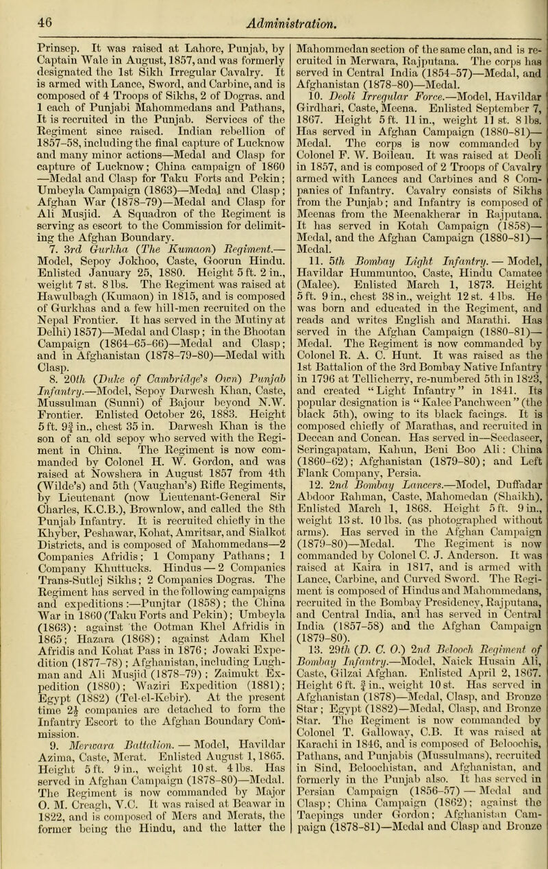 Prinscp. It was raised at Lahore, Punjab, by Captain Wale in August, 1857, and was formerly designated the 1st Sikh Irregular Cavalry. It is armed with Lance, Sword, and Carbine, and is composed of 4 Troops of Sikhs, 2 of Dogras. and 1 each of Punjabi Mahommcdans and Pathans, It is recruited in the Punjab. Services of the Regiment since raised. Indian rebellion of 1857-58, including the final capture of Lucknow and many minor actions—Medal and Clasp for capture of Lucknow; China campaign of 1860 —Medal and Clasp for Taku Ports and Pekin; Umbeyla Campaign (1863)—Medal and Clasp; Afghan War (187S-79)—Medal and Clasp for Ali Musjid. A Squadron of the Regiment is serving as escort to the Commission for delimit- ing the Afghan Boundary. 7. 3rd Gurkha (The Kumaon) Regiment.— Model, Sepoy Jokhoo, Caste, Goorun Hindu. Enlisted January 25, 1880. Height 5 ft. 2 in., weight 7 st. 8 lbs. The Regiment was raised at Hawulbagh (Kumaon) in 1815, and is composed of Gurkhas and a few hill-men recruited on the Nepal Frontier. It has served in the Mutiny at Delhi) 1857)—Medal and Clasp; in the Bhootan Campaign (1864-65-66)—Medal and Clasp; and in Afghanistan (1878-79-80)—Medal with Clasp. 8. 20th (Duke of Cambridge’s Own) Punjab Infantry.—Model, Sepoy Darwesh Khan, Caste, Mussulman (Sunni) of Bajour beyond N.W. Frontier. Enlisted October 26, 1883. Height 5 ft. 9f in., chest 35 in. Darwesh Khan is the son of an old sepoy who served with the Regi- ment in China. The Regiment is now com- manded by Colonel H. W. Gordon, and was raised at Nowshera in August 1857 from 4tli (Wilde’s) and 5th (Vaughan’s) Rifle Regiments, by Lieutenant (now Lieutenant-General Sir Charles, K.C.B.), Brownlow, and called the 8th Punjab Infantry. It is recruited chiefly in the Khyber, Peshawar, Kohat, Amritsar, and Sialkot Districts, and is composed of Mahommedaus—2 Companies Afridis; 1 Company Pathans; 1 Company Khuttucks. Hindus — 2 Companies Trans-Sutlej Sikhs; 2 Companies Dogras. The Regiment has served in the following campaigns and expeditions :—Punjtar (1858) ; the China War in 1860 (Taku Forts and Pekin); Umbeyla (1863); against the Ootman Khel Afridis in 1865; Hazara (1868); against Adam Khel Afridis and Kohat Pass in 1876; Jowaki Expe- dition (1877-78) ; Afghanistan, including Lugh- man and Ali Musjid (1878-79) ; Zaimukt Ex- pedition (1880); Waziri Expedition (1881); Egypt (18S2) (Tel-el-Kebir). At the present time 2) companies are detached to form the Infantry Escort to the Afghan Boundary Coni- mission. 9. Menvara Battalion. — Model, Havildar Azima, Caste, Merat. Enlisted August 1,1865. Height 5 ft. 9 in., weight lOst. 4 lbs. Has served in Afghan Campaign (1878-80)—Medal. The Regiment is now commanded by Major O. M. Creagh, V.C. It was raised at Beawar in 1822, and is composed of Mors and Merats, the former being the Hindu, and the latter the Mahommcdan section of the same clan, and is re- cruited in Merwara, Rajputana. The corps has served in Central India (1854-57)—Medal, and Afghanistan (1878-80)—Medal. 10. Deoli Irregular Force.—Model, Havildar Girdhari, Caste, Mccna. Enlisted September 7, 1867. Height 5 ft. 11 in., weight list. 8 lbs. Has served in Afghan Campaign (1880-81)— Medal. The corps is now commanded by Colonel F. W. Boileau. It was raised at Deoli in 1857, and is composed of 2 Troops of Cavalry armed with Lances and Carbines and 8 Com- panies of Infantry. Cavalry consists of Sikhs from the Punjab; and Infantry is composed of Meenas from the Meenalcherar in Rajputana. It has served in Kotali Campaign (1858)— Modal, and the Afghan Campaign (1880-81)— Medal. 11. 5th Bombay Light Infantry. — Model, Havildar Hummuntoo, Caste, Hindu Camatee (Malee). Enlisted March 1, 1873. Height 5 ft. 9 in., chest 38 in., weight 12 st. 4 lbs. He was born and educated in the Regiment, and reads and writes English and Marathi. Has served in the Afghan Campaign (1880-81)— Medal. The Regiment is now commanded by Colonel R. A. C. Hunt. It was raised as the 1st Battalion of the 3rd Bombay Native Infantry in 1796 at Tellicherry, re-numbered 5tli in 1823, and created “Light Infantry” in 1841. Its popular designation is “ Kalee Panchween ” (the black 5tli), owing to its black facings. It is composed chiefly of Marathas, and recruited in Deccan and Concan. Has served in—Seedaseer, Seringapatam, Kahun, Beni Boo Ali: China (1860-62); Afghanistan (1S79-S0); and Left Flank Company, Persia. 12. 2nd Bombay Lancers.—Model, Duifadar Abdoor Rahman, Caste, Mahomedan (Shaikh). Enlisted March 1, 1S68. Height 5 ft. 9 in., weight 13 st. 10 lbs. (as photographed without arms). Has served in the Afghan Campaign (1879-80)—Medal. The Regiment is now commanded by Colonel C. J. Anderson. It was raised at Kaira in 1817, and is armed with Lance, Carbine, and Curved Sword. The Regi- ment is composed of Hindus and Mahommedans, recruited in the Bombay Presidency, Rajputana, and Central India, and has served in Central India (1857-58) and the Afghan Campaign (1S79-S0). 13. 29th (D. C. O.) 2nd Belooeli Regiment of Bombay Infantry.—Model, Naick Husain Ali, Caste, Gilzai Afghan. Enlisted April 2, 1867. Height 6 ft. fin., weight 10 st. Has served in Afghanistan (187S)—Medal, Clasp, and Bronze Star; Egypt (1882)—Medal, Clasp, and Bronze Star. The Regiment is now commanded by Colonel T. Galloway, C.B. It was raised at Karachi in 1846, and is composed of Beloochis, Pathans, and Punjabis (Mussulmans), recruited in Sind, Beloochistan, and Afghanistan, and formerly in the Punjab also. It has served in Persian Campaign (1856-57) — Medal and Clasp; China Campaign (1S62); against the Tacpings under Gordon; Afghanistan Cam- paign (1878-81)—Medal and Clasp and Bronzo