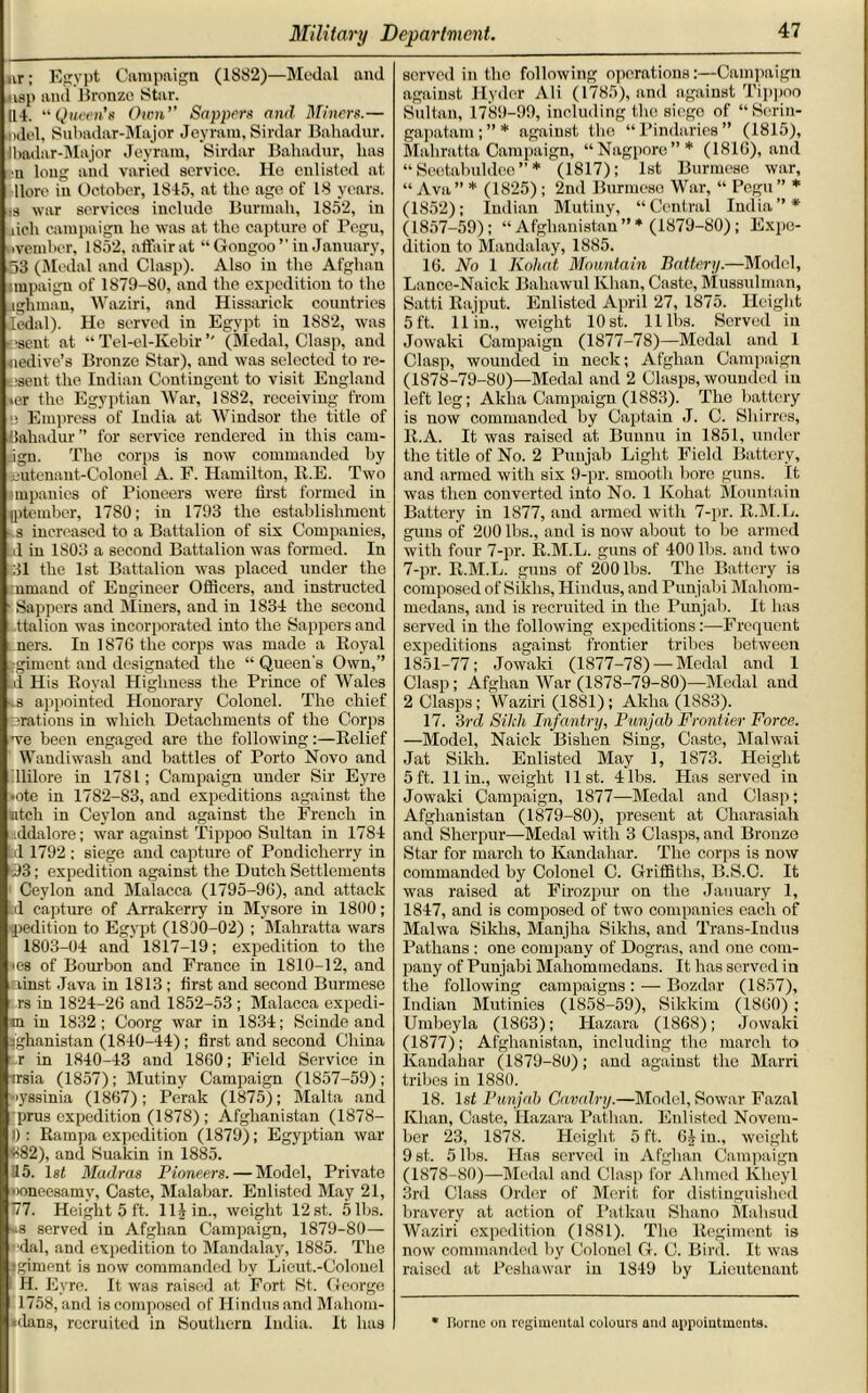 ur; Egypt Campaign (1882)—Medal and nap and Bronze Star. H4. “Queen’s Own” Sappers and Miners.— odel, Subadar-Major Jeyram, Sirdar Bahadur. Ibadar-Major Jeyram, Sirdar Bahadur, has a long and varied service. He enlisted at llore in October, 1845, at the age of 18 years, •s war services include Burmah, 1S52, in aich campaign he was at the capture of Pegu, Hvember, 1852, affair at “Gongoo” in January, ■53 (Medal and Clasp). Also in the Afghan impaign of 1879-80, and the expedition to the ughman, Waziri, and Hissarick countries dedal). He served in Egypt in 18S2, was ■sent at “ Tel-el-Kebir” (Medal, Clasp, and nedive’s Bronze Star), and was selected to re- .iseut the Indian Contingent to visit England «er the Egyptian War, 1882, receiving from •> Empress of India at Windsor the title of Bahadur ” for service rendered in this cam- aign. The corps is now commanded by uutenant-Colonel A. F. Hamilton, R.E. Two inpanics of Pioneers were first formed in ipteinber, 1780; in 1793 the establishment s increased to a Battalion of six Companies, Ld in 1803 a second Battalion was formed. In 31 the 1st Battalion was placed under the inmand of Engineer Officers, and instructed ■ Sappers and Miners, and in 1834 the second ttalion was incorporated into the Sappers and ners. In 1876 the corps was made a Royal ..giment and designated the “ Queen's Own,” dHis Royal Highness the Prince of Wales ^s appointed Honorary Colonel. The chief Erat ions in which Detachments of the Corps we been engaged are the following:—Relief Wandiwash and battles of Porto Novo and llilore in 1781; Campaign under Sir Eyre •ote in 1782-S3, and expeditions against the rtcli in Ceylon and against the French in ddalore; war against Tippoo Sultan in 1784 Ld 1792 ; siege and capture of Pondicherry in '-93; expedition against the Dutch Settlements Ceylon and Malacca (1795-96), and attack Ld capture of Arrakerry in Mysore in 1800; pedition to Egypt (1800-02) ; Mahratta wars 1803-04 and 1817-19; expedition to the ■eg of Bourbon and France in 1810-12, and linst Java in 1813 ; first and second Burmese rs in 1824-26 and 1852-53 ; Malacca expedi- m in 1832; Coorg war in 1834; Scinde and .■ghanistan (1840-44); first and second China r in 1840-43 and 1860; Field Service in irsia (1857); Mutiny Campaign (1857-59); '•lyssinia (1867); Perak (1875); Malta and prus expedition (1878); Afghanistan (1878- I): Rampa expedition (1879); Egyptian war •182), and Suakin in 1885. 15. 1st Madras Pioneers. — Model, Private ■loneesamv, Caste, Malabar. Enlisted May 21, 77. Height 5 ft. 11 Jin., weight 12st. 5lbs. ■•‘8 served in Afghan Campaign, 1879-80— • dal, and expedition to Mandalay, 1885. The :giment is now commanded by Lieut.-Colouel H. Eyre. It was raised at Fort St. George 1758, and is composed of Hindus and Mahom- etans, recruited in Southern India. It has served in the following operations:—Campaign against Hyder Ali (1785), and against Tippoo Sultan, 1789-99, including the siege of “Sorin- gapatam ; ” * against the “Pindaries” (1815), Mahratta Campaign, “Nagpore”* (1816), and “ Scetabuldee ” * (1817); 1st Burmese war, “ Ava ” * (1825) ; 2nd Burmese War, “ Pegu ” * (1852); Indian Mutiny, “Central India”* (1857-59); “Afghanistan”* (1879-80); Expe- dition to Mandalay, 1885. 16. No 1 Kohat Mountain Battery.—Model, Lance-Naick Bahawul Khan, Caste, Mussulman, Satti Rajput. Enlisted April 27, 1875. Height 5 ft. 11 in., weight 10 st. 11 lbs. Served in Jowaki Campaign (1877-78)—Medal and 1 Clasp, wounded in neck; Afghan Campaign (1878-79-80)—Medal and 2 Clasps, wounded in left leg; Akha Campaign (1883). The battery is now commanded by Captain J. C. Shirres, R.A. It was raised at Bunnu in 1851, under the title of No. 2 Punjab Light Field Battery, and armed with six 9-pr. smooth bore guns. It was then converted into No. 1 Kohat Mountain Battery in 1877, and armed with 7-pr. R.M.L. guns of 200 lbs., and is now about to be armed with four 7-pr. R.M.L. guns of 400 lbs. and two 7-pr. R.M.L. guns of 200 lbs. The Battery is composed of Sikhs, Hindus, and Punjabi Maliom- medans, and is recruited in the Punjab. It has served in the following expeditions:—Frequent expeditions against frontier tribes between 1851-77; Jowaki (1877-78) —Medal and 1 Clasp; Afghan War (1878-79-80)—Medal and 2 Clasps; Waziri (1881); Akha (1883). 17. 3rd Sikh Infantry, Punjab Frontier Force. —Model, Naick Bishen Sing, Caste, Malwai Jat Sikh. Enlisted May 1, 1873. Height 5ft. 11 in., weight list. 4lbs. Has served in Jowaki Campaign, 1877—Medal and Clasp; Afghanistan (1879-80), present at Charasiah and Sherpur—Medal with 3 Clasps, and Bronze Star for march to Kandahar. The corps is now commanded by Colonel C. Griffiths, B.S.C. It was raised at Firozpur on the January 1, 1847, and is composed of two companies each of Malwa Sikhs, Manjha Sikhs, and Trans-Indus Patlians : one company of Dogras, and one com- pany of Punjabi Mahommedans. It has served i n the following campaigns : — Bozdor (1857), Indian Mutinies (1858-59), Sikkim (1800); Umbeyla (1863); Hazara (1868); Jowalri (1877); Afghanistan, including the march to Kandahar (1879-80); and against the Marri tribes in 1880. 18. 1st Punjab Cavalry.—Model, Sowar Fazal Khan, Caste, Hazara Pathan. Enlisted Novem- ber 23, 1878. Height 5 ft. 63 in., weight 9 st. 5 lbs. Has served in Afghan Campaign (1878-80)—Medal and Clasp for Ahmed Klieyl 3rd Class Order of Merit for distinguished bravery at action of Patkau Shano Mahsud Waziri expedition (1881). The Regiment is now commanded by Colonel G. C. Bird. It was raised at Peshawar in 1849 by Lieutenant * Ilorno on regimental colours and appointments.