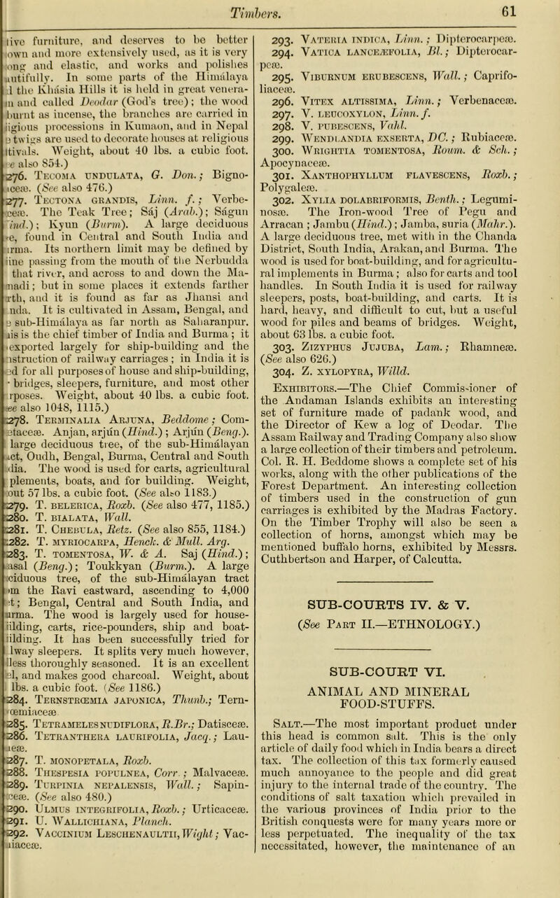 live furniture, and deserves to be better own and more extensively used, as it is very tong and elastic, and works and polishes wutifully. In some parts of the Himalaya 1 the Klnisia Hills it is held in great venera- m and called Deodar (God's tree) ; the wood burnt as iucense, the branches are carried in iigioiis processions in Kumaon, and in Nepal e twigs aro used to decorate houses at religious Itivals. Weight, about 40 lbs. a cubic foot. ■ e also 854.) 276. Tecoma ttndulata, G. Don.; Bigno- uioese. (1See also 476.) 277. Tectona grandis, Linn. f.; Verbe- <ce;e. The Teak Tree; Saj (Arab.); Sagun ind.); lvyun (Burm). A large deciduous .e, found in Central and South India and urina. Its northern limit may be defined by iinc passing from the mouth of the Ncrbudda that river, and across to and down the Ma- madi; but in some places it extends farther trth, and it is found as far as Jliansi and nda. It is cultivated in Assam, Bengal, and b sub-Himalaya as far north as Saharanpur. jis is the chief timber of India and Burma ; it • exported largely for ship-building and the nstruction of railway carriages ; in India it is ed for all purposes of house and ship-building, • bridges, sleepers, furniture, and most other rposes. Weight, about 40 lbs. a cubic foot. *ee also 1048, 1115.) 278. Terminalia Arjuna, Beddome; Com- ■stacese. Anjan, arjun (Hind.) ; Arjun (Beng.). large deciduous tree, of the sub-Himalayan .ct, Oudh, Bengal, Burma, Central and South dia. The wood is used for carts, agricultural plements, boats, and for building. Weight, :out 57 lbs. a cubic foot. (See also 1183.) 279. T. belerica, Roxb. (See also 477, 1185.) 280. T. bialata, Wall. 281. T. Chebula, Retz. (See also 855, 1184.) .282. T. myriocarpa, Henclc. & Mull. Arg. 283. T. tomentosa, IF. & A. Saj (Hind.); •asal (Beng.); Toukkyan (Burm.). A large tciduous tree, of the sub-Himalayan tract >m the Ravi eastward, ascending to 4,000 fct; Bengal, Central and South India, and urma. The wood is largely used for house- ilding, carts, rice-pounders, ship and boat- iilding. It has been successfully tried for lway sleepers. It splits very much however, Hess thoroughly seasoned. It is an excellent fel, and makes good charcoal. Weight, about lbs. a cubic foot. (See 1186.) 284. Ternstrcemia japonica, Thunb.; Tern- •cemiaceae 283. Tetramelesnudiflora, R.Br.; Datiscem. 286. Tetranthera laurifolia, Jacq.; Lau- liiete. 287. T. monopetala, Roxb. 288. Thespesia populnea, Corr ; Malvacem. 289. Turpinia nepalensis, Wall.; Sapin- ccese. (See also 480.) 290. Ulmus integrifolia, Roxb.; Urticacese. 291. U. Wallichiana, Planch. 292. Vaccinium Leschenaultii, Wight; Vac- liaccsc. 293. Yateuia indtca, Linn.; Dipterocarpeaj. 294. Vatica lancEjEfolia, BL; Diptorocar- peto. 295. Viburnum erubescens, Wall.; Caprifo- liacete. 296. Yitex altissima, Linn.; Verbenaccso. 297. V. eeucoxylon, Linn. f. 298. V. pubescens, Vahl. 299. Wendi.andia exserta, DC.; Rubiaceao. 300. Wrightia tomentosa, Roum. & Sch.; Apocynacem. 301. Xanthophyllum flavescens, Roxb.; Polygalem. 302. Xyi.ia noLABRiFORMis, Benth.; Legumi- nosm. The Iron-wood Tree of Pegu and Arracan ; Jambu (Hind.); Jamba, suria (Mahr.). A large deciduous tree, met with in the Chanda District, South India, Arakan, and Burma. The wood is used for boat-building, and for agricultu- ral implements in Burma ; also for carts and tool handles. In South India it is used for railway sleepers, posts, boat-building, and carts. It is hard, heavy, and difficult to cut, but a useful wood for piles and beams of bridges. Weight, about 63 lbs. a cubic foot. 303. Zizyphus Jujuba, Lam.; Rhamneso. (See also 626.) 304. Z. XYLOPYRA, Willd. Exhibitors.—The Chief Commis-ioner of the Andaman Islands exhibits an interesting set of furniture made of padank wood, and the Director of Kew a log of Deodar. The Assam Railway and Trading Company also show a large collection of their timbers and petroleum. Col. R. H. Beddome shows a complete set of his works, along with the other publications of the Forest Department. An interesting collection of timbers used in the construction of gun carriages is exhibited by the Madras Factory. On the Timber Trophy will also be seen a collection of horns, amongst which may be mentioned buffalo horns, exhibited by Messrs. Cuthbertson and Harper, of Calcutta. SUB-COURTS IV. & V. (See Part II.—ETHNOLOGY.) SUB-COURT VI. ANIMAL AND MINERAL FOOD-STUFFS. Salt.—The most important product under this head is common salt. This is the only article of daily food which in India bears a direct tax. The collection of this tax formerly caused much annoyance to the people and did great injury to the internal trade of the country. The conditions of salt taxation which prevailed in the various provinces of India prior to tlio British conquests were for many years rnoro or less perpetuated. The inequality of the tax necessitated, however, the maintenance of an