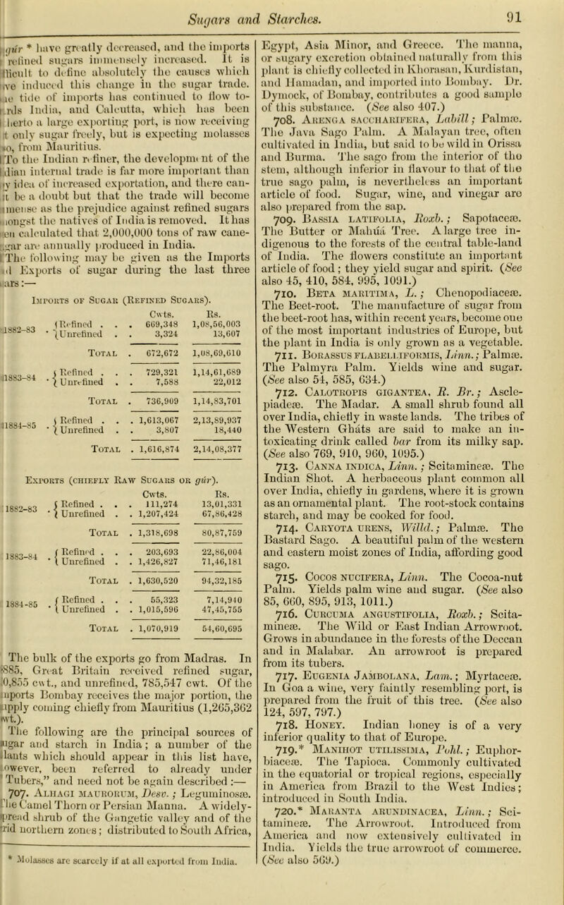 Sugars and Starches. I ijur * have greatly decreased, and I lie imports [ refined sugars immensely increased. It is Ulicult. to define absolutely the causes which i(ve induced this change in the sugar trade, bo tide of imports has continued to How to- i rds India, and Calcutta, which has been I lierto a large exporting port, is how receiving I only sugar freely, but is expecting molasses 10, from Mauritius. I To the Indian r> finer, the developnn nt of the l.diftu internal trade is far more important than i;y idea of increased exportation, and there can- ;i be a doubt but that the trade will become iimense as the prejudice against refined sugars mongst the natives of India is removed. It has ism calculated that 2,000,000 tons of raw cane- agar are annually produced in India. I The following may bo given as the Imports id Exports of sugar during the last three wars:— Imports of Sugar (Refined Sugars). IU882-83 11883-84 11884-85 {Refined . . (Unrefined Cwts. . 6(39,34 3 . 3,324 Rs. 1,08,56,003 13,607 Total . 672,672 1,08,69,610 { Refined . (Unrefined . 729,321 7,588 1,14,61,689 22,012 Total . 736,909 1,14,83,701 ( Refined . 1 Unrefined . 1,613,067 . 3,807 2,13,89,937 18,440 Total . 1,616,874 2,14,08,377 ExroRTS (chiefly Raw Sugars or gitr). 1882-83 . C Refined . . j Unrefined . Cwts. . 111,274 . 1,207,424 Rs. 13,01,331 67,80,428 Total . 1,318,698 80,87,759 1883-84 . (Refined . . ' l Unrefined . . 203,693 . 1,426,827 22,86,004 71,46,181 Total . 1,630,520 94,32,185 1884-85 , f Refined . . ’ t Unrefined . 55,323 . 1,015,596 7,14,910 47,45,755 Total . 1,070,919 54,60,695 The bulk of the exports go from Madras. In ■885, Great Britain received refined sugar, 10,855 c\\t., and unrefined, 785,547 cwt. Of the luports Bombay receives the major portion, the apply coming chiefly from Mauritius (1,205,302 iwt.). The following are the principal sources of »igar and starch in India; a number of the Hants which should appear in this list have, wever, been referred to already under Tubers,” and need not be again described :— 707. Aliiagi maurorum, Lesv.; Leguminosae. I'he Camel Thom or Persian Manna. Awidely- Ipread shrub of the Gangetic valley and of the •rid northern zones; distributed to South Africa, * Mulusscs are scarcely if ut all exported from India. Egypt, Asia Minor, and Greece. The manna, or sugary excretion obtained naturally from this plant is chiefly collected iu Khorasan, Kurdistan, and Hamadan, and imported into Bombay. Dr. Dymock, of Bombay, contributes a good sample of this substance. (See also 407.) 708. Arenga sacchabifera, Lnhill; Talma). The Java Sago Palm. A Malayan tree, often cultivated in India, but said to be wild iu Orissa and Burma. 'The sago from the interior of tho stem, although inferior in flavour to that of tho true sago palm, is nevertheless an important article of food. Sugar, wine, and vinegar are also prepared from the sap. 709. Bassia latifolia, Iloxb.; Sapotacese. Tho Butter or Mahua Tree. A large tree in- digenous to tho forests of the central table-land of India. The flowers constitute an important article of food; they yield sugar and spirit. (See also 45, 410, 584, 995, 1091.) 710. Beta maritima, L.; Chenopodiaceae. The Beet-root. The manufacture of sugar from the beet-root has, within recent years, become ouo of the most important industries of Europe, but the plant iu India is only grown as a vegetable. 711. BorassusFLAisEi.i.iFORMis, Linn.; Palnue. The Palmyra Palm. Yields w'ine and sugar. (See also 54, 585, G34.) 712. Calotkopis gigantea, R. Br.; Ascle- piadese. The Madar. A small shrub found all over India, chiefly in waste lands. The tribes of the Western Ghats are said to make an in- toxicating drink called bar from its milky sap. (See also 769, 910, 960, 1095.) 713. Ganna indica, Linn.; Scitnmineoe. Tho Indian Shot. A herbaceous plant common all over India, chiefly in gardens, where it is grown as an ornamental plant. The root-stock contains starch, and may be cooked for food. 714. Caryota drens, Willd.; Palma). The Bastard Sago. A beautiful palm of the western and eastern moist zones of India, affording good sago. 715. Cocos nucifera, Linn. The Cocoa-nut Palm. Yields palm wine and sugar. (See also 85, 660, 895, 913, 1011.) 716. Curcuma angustifolia, Roxb.; Scita- rninese. The Wild or East Indian Arrowroot. Grows in abundance in the forests of the Deccan and in Malabar. An arrowroot is prepared from its tubers. 717. Eugenia Jambolana. Lam.; Myrtacese. In Goa a wine, very faintly resembling port, is prepared from the fruit of this tree. (See also 124, 597, 797.) 718. Honey. Indian honey is of a very inferior quality to that of Europe. 719. * Manihot utilissima, Fvhl.; Euphor- biacem. The Tapioca. Commonly cultivated in the equatorial or tropical regions, especially in America from Brazil to the West Indies; introduced in South India. 720. * Maranta arundinacea, Linn.; Sei- taminese. Tho Arrowroot. Introduced from America and now extensively cultivated iu India. Yields the true arrowroot of commerce. (See also 569.)