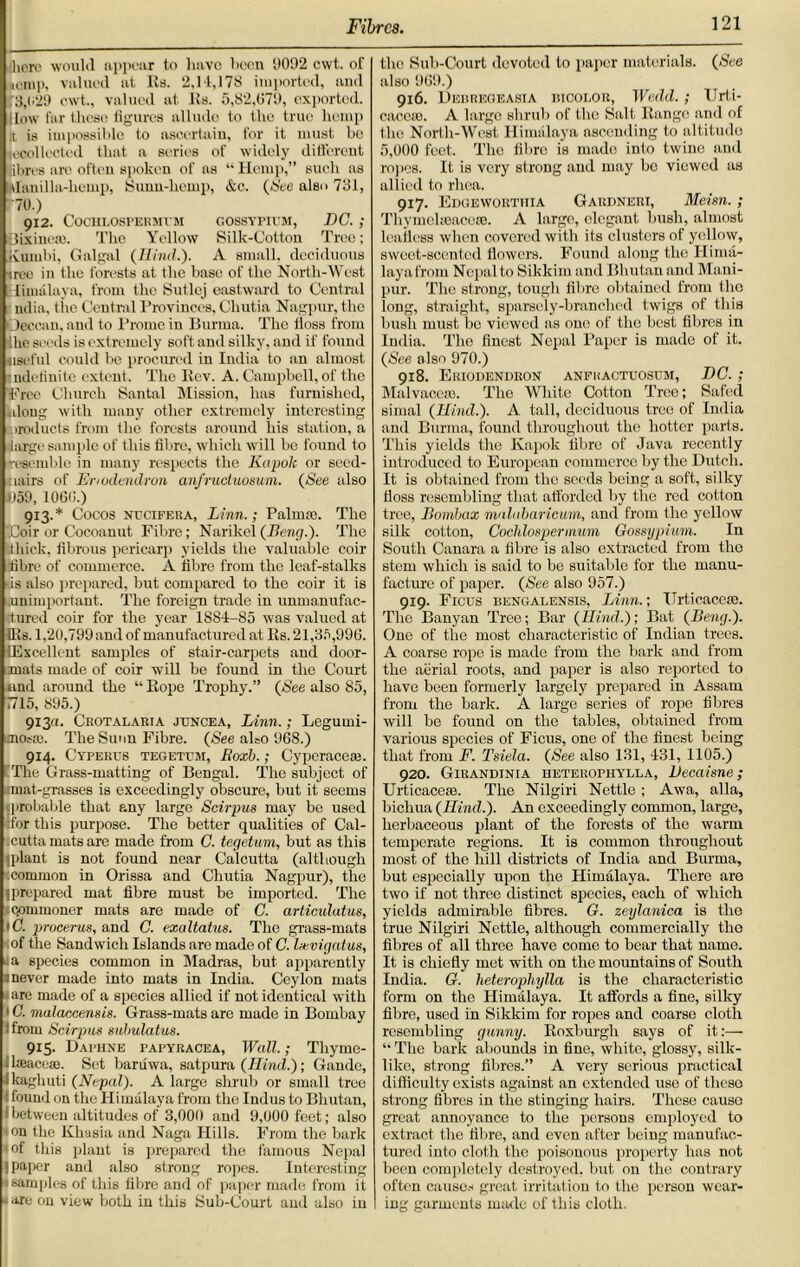 here would appear to have been 5)092 cwt. of »cmp, valued at Its. 2,1-1,178 imported, and :'3,(i29 cwt., valued at Its. 5,82,679, exported, jlow far these figures allude to the true hemp it is impossible to ascertain, for it must be Recollected that a series of widely different fibres are often spoken of as “Hemp,” such as danilla-hemp, Sunn-hemp, &c. (See also 731, : 70.) 912. COCIILOSPERMI'M GOSSYFIUM, DC. ; Bixiueie. The Yellow Silk-Cotton Tree; ivumbi, Galpil (Ilind.). A small, deciduous iree in the forests at the base of the North-West limalaya, from the Sutlej eastward to Central ndia, the Central Provinces, Chutia Nagpur, the Deccan, and to Prome in Burma. The floss from he seeds is extremely soft and silky, and if found useful could be procured in India to an almost indefinite extent. The Rev. A. Campbell, of the Free Church Santal Mission, has furnished, kdong with many other extremely interesting (products from the forests around his station, a large sample of this fibre, which will bo found to resemble in many respects the Kapok or seed- aairs of Enodendron anfruduosum. (See also 1)59, 1060.) 913. * Cocos nucifera, Linn.; Palmoe. The 'Coir or Cocoanut Fibre; Narikel (Beng.). The thick, fibrous pericarp yields the valuable coir fibre of commerce. A fibre from the leaf-stalks •is also prepared, but compared to the coir it is .unimportant. The foreign trade in unmanufac- tured coir for the year 1881-85 was valued at IBs. l,20,799and of manufactured at Rs. 21,35,996. (Excellent samples of stair-carpets and door- mats made of coir will be found in the Court and around the “ Rope Trophy.” (See also 85, 7715, 895.) 913a. Crotalaria jtjncea, Linn.; Legumi- mosaj. The Sunn Fibre. (See aho 968.) 914. Cyperus tegetum, Roxb.; Cyperaceaj. The Grass-matting of Bengal. The subject of :mat-grasses is exceedingly obscure, but it seems (probable that any large Scirpus may be used ifor this purpose. The better qualities of Cal- cutta mats are made from C. tegetum, but as this (plant is not found near Calcutta (although .common in Orissa and Chutia Nagpur), the (prepared mat fibre must be imported. The .commoner mats are made of C. articulatus, <C. procerus, and C. exaltatus. The grass-mats of the Sandwich Islands are made of C. l/evigatus, a species common in Madras, but apparently •never made into mats in India. Ceylon mats are made of a species allied if not identical with • C. malaccensis. Grass-mats are made in Bombay : from Scirpus subulatus. 915. Daphne papyracea, Wall.; Thymo- Useaceaj. Set baruwa, satpura (Hind,.); Gande, Ikaghuti (Nepal). A large shrub or small tree : found on the H i miilaya from the Indus to Bhutan, I between altitudes of 3,000 and 9,U00feet; also on the Khasia and Naga Hills. From the bark of this plant is prepared the famous Nepal | paper and also strong ropes. Interesting * samples of this fibre and of paper made from it 4 are on view both in this Sub-Court and also in the Sub-Court devoted to paper materials. (See also 969.) 916. Derregeasia isicolor, Wald.; Urti- cacose. A largo shrub of the Salt Range and of the North-West Himalaya ascending to altitude; 5,000 feet. The fibre is made into twine and ropes. It is very strong and may be viewed as allied to rhea. 917. Edgeworthia Gardneri, Me-im.; Thymelseacese. A large, elegant bush, almost leafless when covered with its clusters of yellow, sweet-scented flowers. Found along the Hima- laya from Nepal to Sikkim and Bhutan and Mani- pur. The strong, tough fibre obtained from the long, straight, sparsely-branched twigs of this bush must be viewed as one of the best fibres in India. The finest Nepal Paper is made of it. (See also 970.) 918. Eriodendron anfractuosum, DC. ; Malvaceae. The White Cotton Tree; Safed simal (Hind.). A tall, deciduous tree of India and Burma, found throughout the hotter parts. This yields the Kapok fibre of Java recently introduced to European commerce by the Dutch. It is obtained from the seeds being a soft, silky floss resembling that afforded by the red cotton tree, Bombax malabaricum, and from the yellow silk cotton, Coclilospermum Gossypium. In South Canara a fibre is also extracted from the stem which is said to be suitable for the manu- facture of paper. (See also 957.) 919. Ficus bengalensis, Linn.; ITrticacese. The Banyan Tree; Bar (Hind.); Bat (Beng.). One of the most characteristic of Indian trees. A coarse rope is made from the bark and from the aerial roots, and paper is also reported to have been formerly largely prepared in Assam from the bark. A large series of rope fibres will be found on the tables, obtained from various species of Ficus, one of the finest being that from F. Tsiela. (See also 131, 431, 1105.) 920. Girandinia heterophylla, Decaisne; Urticacese. The Nilgiri Nettle; Awa, alia, bichua (Hind.). An exceedingly common, large, herbaceous plant of the forests of the warm temperate regions. It is common throughout most of the hill districts of India and Burma, but especially upon the Himalaya. There are two if not three distinct species, each of which yields admirable fibres. G. zeylanica is the true Nilgiri Nettle, although commercially the fibres of all three have come to bear that name. It is chiefly met with on the mountains of South India. G. heterophylla is the characteristic form on the Himalaya. It affords a fine, silky fibre, used in Sikkim for ropes and coarse cloth resembling gunny. Roxburgh says of it:— “ The bark abounds in fine, white, glossy, silk- like, strong fibres.” A very serious practical difficulty exists against an extended use of these strong fibres in the stinging hairs. These cause great annoyance to the persons employed to extract the fibre, and even after being manufac- tured into cloth the poisonous property has not been completely destroyed, but on the contrary often causes great irritation to the person wear- I ing garments made of this cloth.