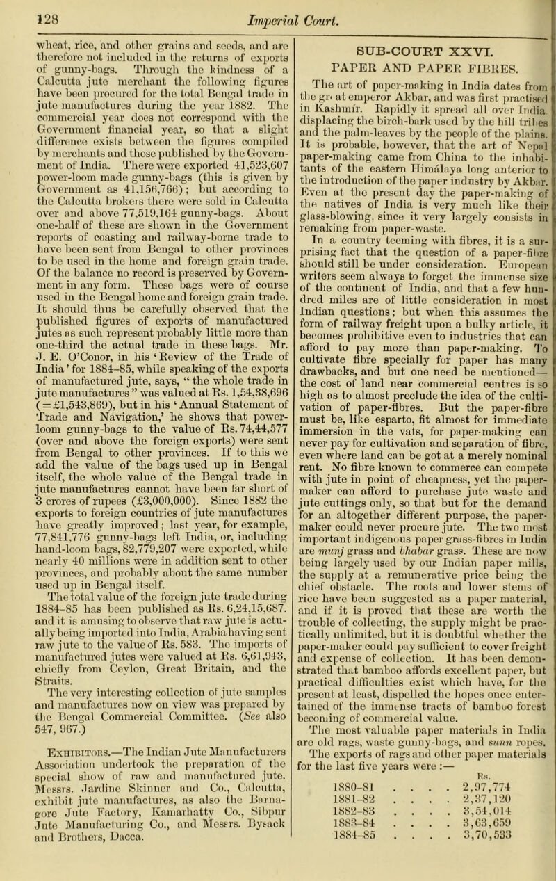 wheat, rice, and other grains and seeds, and are therefore not included in the returns of exports of gunny-bags. Through the kindness of a Calcutta jute merchant the following figures have been procured for the total Bengal trade in jute manufactures during the year 1882. The commercial year docs not correspond with the Government financial year, so that a slight difference exists between the figures compiled by merchants and those published bv the Govern- ment of India. There were exported 41,523,007 power-loom made gunny-bags (this is given by Government as 41,150,766); but according to the Calcutta brokers there were sold in Calcutta over and above 77,519,164 gunny-bags. About one-half of these are shown in the Government reports of coasting and railway-borne trade to have been sent from Bengal to other provinces to be used in the home and foreign grain trade. Of the balance no record is preserved by Govern- ment in any form. These bags were of course used in the Bengal home and foreign grain trade. It should thus be carefully observed that the published figures of exports of manufactured jutes ss such represent probably little more than one-tliird the actual trade in these bags. Mr. .T. E. O’Conor, in his ‘Review of the Trade of India’ for 1884-85, while speaking of the exports of manufactured jute, says, “ the whole trade in jute manufactures ” was valued at Rs. 1,54,38,696 ( = £1,543,869), but in his ‘Annual Statement of Trade and Navigation,’ he shows that power- loom gunny-bags to the value of Rs. 74,44,577 (over and above the foreign exports) were sent from Bengal to other provinces. If to this we add the value of the bags used up in Bengal itself, the whole value of the Bengal trade in jute manufactures cannot have been tar short of 3 crores of rupees (£3,000,000). Since 1882 the exports to foreign countries of jute manufactures have greatly improved; Inst year, for example, 77,841,776 gunny-bags left India, or, including hand-loom bags, 82,779,207 were exported, while nearly 40 millions were in addition sent to other provinces, and probably about the same number used up in Bengal itself. The total value of the foreign jute trade during 1884-85 has been published as Rs. 6,24,15,6S7. and it is amusing to observe that raw jute is actu- ally being imported into India, Arabia having sent raw jute to the value of Rs. 583. The imports of manufactured jutes were valued at Rs. 6,61,943, chiefly from Ceylon, Great Britain, and the Straits. The very interesting collection of jute samples and manufactures now on view was prepared by the Bengal Commercial Committee. (See also 547, 967.) Exhibitors.—The Indian Jute Manufacturers Association undertook the preparation of the special show of raw and manufactured jute. Messrs. Jardino Skinner and Co., Calcutta, exhibit jute manufactures, as also the Bnrna- gore Jute Factory, Kamarhatty Co., Sibpur Jute Manufacturing Co., and Messrs. Bysack and Brothers, Dacca. SUB-COURT XXVI. BAPER AND PAPER FIBRES. The art of paper-making in India dates from the gri at emperor Akbar, and was first practised in Kashmir. Rapidly it spread all over India displacing the birch-bark used by the hill tribes and the palm-leaves by the people of the plains. It is probable, however, that the art of Nepal paper-making came from China to the inhabi- tants of the eastern Himalaya long anterior to the introduction of the paper industry by Akbar. Even at the present day the paper-making of the natives of India is very much like their glass-blowing, since it very largely consists in remaking from paper-waste. In a country teeming with fibres, it is a sur- prising fact that the question of a paper-fibre bhould still be under consideration. European writers seem always to forget the immense size of the continent of India, and that a few hun- dred miles are of little consideration in most Indian questions; but when this assumes the form of railway freight upon a bulky article, it becomes prohibitive even to industries that can afford to pay more than paper-making. To cultivate fibre specially for paper has many drawbacks, and but one need be mentioned— the cost of land near commercial centres is so high as to almost preclude the idea of the culti- vation of paper-fibres. But the paper-fibre must be, like esparto, fit almost for immediate immersion in the vats, for paper-making can never pay for cultivation and separation of fibre, even where land can be got at a merely nominal rent. No fibre known to commerce can compete with jute in point of cheapness, yet the paper- maker can afford to purchase jute waste and jute cuttings only, so that but for the demand for an altogether different purpose, the paper- maker could never procure jute. The two most important indigenous paper grass-fibres in Iudia are munj grass and bhabar grass. These are now being largely used by our Indian paper mills, the supply at a remunerative price being the chief obstacle. The roots and lower stems of rice have been suggested as a paper material, and if it is proved that these are worth the trouble of collecting, the supply might be prac- tically unlimited, but it is doubtful whether the paper-maker could pay sufficient to cover freight and expense of collection. It has been demon- strated that bamboo affords excellent paper, but practical difficulties exist wdnek have, for tho present at least, dispelled the hopes once enter- tained of the imuunse tracts of bamboo forest becoming of commercial value. Tho most valuable paper materials iu India are old rags, waste gunny-bogs, and sunn ropes. The exports of rags and other paper materials for the last five years were :— Rs. 1SS0-S1 1881-82 1882- 83 1883- 84 1884- 85 2,97,774 2,37,120 3,54,014 3,63,659 3,70,533