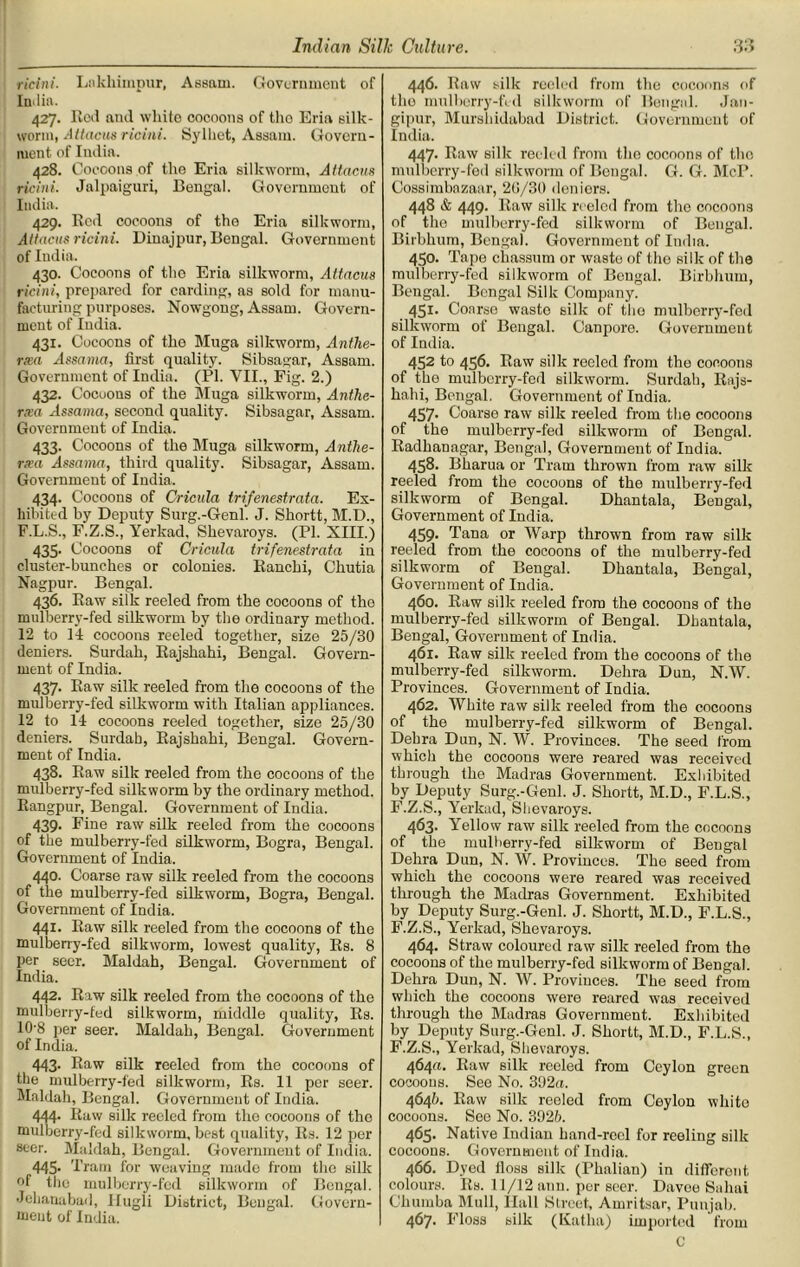ricini. Lnkliimpur, Assam. Government of India. 427. Rod and white cocoons of tho Eria silk- worm, Attacm ricini. Sylhet, Assam. Govern- ment of India. 428. Cocoons of tho Eria silkworm, Attacus ricini. Jalpaiguri, Bengal. Government of India. 429. Red cocoons of the Eria silkworm, Attacus ricini. Dinajpur, Bengal. Government of India. 430. Cocoons of the Eria silkworm, Attacus ricini, prepared for carding, as sold for manu- facturing purposes. NowTgong, Assam. Govern- ment of India. 431. Cocoons of the Muga silkworm, Anthe- rxa Assama, first quality. Sibsagar, Assam. Government of India. (PI. VII., Fig. 2.) 432. Cocoons of the Muga silkworm, Anthe- rxa Assama, second quality. Sibsagar, Assam. Government of India. 433. Cocoons of the Muga silkworm, Anthe- rxa Assama, third quality. Sibsagar, Assam. Government of India. 434. Cocoons of Cricula trifenestrata. Ex- hibited by Deputy Surg.-Genl. J. Shortt, M.D., F.L.S., F.Z.S., Yerkad, Shevaroys. (PI. XIII.) 435- Cocoons of Cricula trifenestrata in cluster-bunches or colonies. Ranchi, Chutia Nagpur. Bengal. 436. Raw silk reeled from the cocoons of tho mulberry-fed silkworm by the ordinary method. 12 to 14 cocoons reeled together, size 25/30 deniers. Surdah, Rajshahi, Bengal. Govern- ment of India. 437. Raw silk reeled from the cocoons of the mulberry-fed silkworm with Italian appliances. 12 to 14 cocoons reeled together, size 25/30 deniers. Surdah, Rajshahi, Bengal. Govern- ment of India. 438. Raw silk reeled from the cocoons of the mulberry-fed silkworm by the ordinary method. Rangpur, Bengal. Government of India. 439. Fine raw silk reeled from the cocoons of the mulberry-fed silkworm, Bogra, Bengal. Government of India. 440. Coarse raw silk reeled from the cocoons of the mulberry-fed silkworm, Bogra, Bengal. Government of India. 441. Raw silk reeled from the cocoons of the mulberry-fed silkworm, lowest quality, Rs. 8 per seer. Maldah, Bengal. Government of India. 442. Raw silk reeled from the cocoons of the mulberry-fed silkworm, middle quality, Rs. 10-8 per seer. Maldah, Bengal. Government of India. 443. Raw silk reeled from the cocoons of the mulberry-fed silkworm, Rs. 11 per seer. Maldah, Bengal. Government of India. 444. Raw silk reeled from tho cocoons of tho mulberry-fed silkworm, best quality, Rs. 12 per seer. Maldah, Bengal. Government of India. 445- T ram for weaving made from the silk °f the mulberry-fed silkworm of Bengal. Jehanabad, llugli District, Bengal. Govern- ment of India. 446. Raw silk reeled from the cocoons of the mulberry-fed silkworm of Bengal. Jan- gipur, Murshidabad District. Government of India. 447- Raw silk reeled from tho cocoons of the mulberry-fed silkworm of Bengal. G. G. McP. Cossimbnzaar, 20/30 deniors. 448 & 449. Raw silk reeled from tho cocoons of the mulberry-fed silkworm of Bengal. Birbhum, Bengal. Government of India. 450. Tape chassum or waste of the silk of the mulberry-fed silkworm of Bengal. Birbhum, Bengal. Bengal Silk Company. 451. Coarse wasto silk of the mulberry-fed silkworm of Bengal. Canpore. Government of India. 452 to 456. Raw silk reeled from the cocoons of the mulberry-fed silkworm. Surdah, Rajs- hahi, Bengal. Government of India. 457* Coarse raw silk reeled from the cocoons of the mulberry-fed silkworm of Bengal. Radhanagar, Bengal, Government of India. 458. Bharua or Tram thrown from raw silk reeled from the cocoons of the mulberry-fed silkworm of Bengal. Dhantala, Bengal, Government of India. 459- Tana or Warp thrown from raw silk reeled from the cocoons of the mulberry-fed silkworm of Bengal. Dhantala, Bengal, Government of India. 460. Raw silk reeled from the cocoons of the mulberry-fed silkworm of Bengal. Dhantala, Bengal, Government of India. 461. Raw silk reeled from the cocoons of the mulberry-fed silkworm. Debra Dun, N.W. Provinces. Government of India. 462. White raw silk reeled from the cocoons of the mulberry-fed silkworm of Bengal. Debra Dun, N. W. Provinces. The seed from which tho cocoons were reared was received through the Madras Government. Exhibited by Deputy Surg.-Genl. J. Shortt, M.D., F.L.S., F.Z.S., Yerkad, Shevaroys. 463. Yellow raw silk reeled from the cocoons of the mulberry-fed silkworm of Bengal Dehra Dun, N. W. Provinces. The seed from which the cocoons were reared was received through the Madras Government. Exhibited by Deputy Surg.-Genl. J. Shortt, M.D., F.L.S., F.Z.S., Yerkad, Shevaroys. 464. Straw coloured raw silk reeled from the cocoons of the mulberry-fed silkworm of Bengal. Dehra Dun, N. W. Provinces. The seed from which the cocoons were reared was received through the Madras Government. Exhibited by Deputy Surg.-Genl. J. Shortt, M.D., F.L.S., F.Z.S., Yerkad, Shevaroys. 464a. Raw silk reeled from Ceylon green cocoons. See No. 392«. 4646. Raw silk reeled from Ceylon white cocoons. See No. 3925. 465- Native Indian hand-reel for reeling silk cocoons. Government of India. 466. Dyed floss silk (Phalian) in different colours. Rs. 11/12 aim. per seer. Davee Sahai Chumba Midi, Hall Street, Amritsar, Punjab. 467. Floss silk (Katha) imported from C