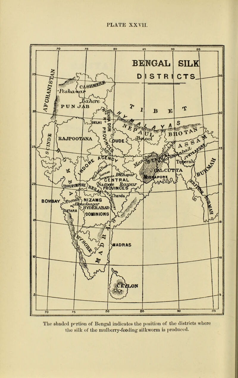 Tlie shaded portion of Bengal indicates the position of the districts where llies silk of the mulberry-feeding silkworm is produced.