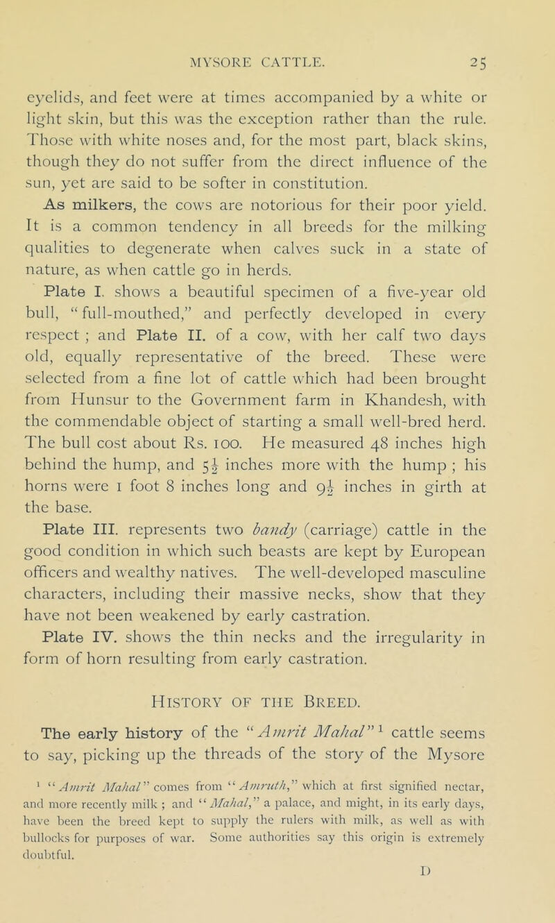 eyelids, and feet were at times accompanied by a white or light skin, but this was the exception rather than the rule. Those with white noses and, for the most part, black skins, though they do not suffer from the direct influence of the sun, yet are said to be softer in constitution. As milkers, the cows are notorious for their poor yield. It is a common tendency in all breeds for the milking qualities to degenerate when calves suck in a state of nature, as when cattle go in herds. Plate I. shows a beautiful specimen of a five-year old bull, “full-mouthed,” and perfectly developed in every respect ; and Plate II. of a cow, with her calf two days old, equally representative of the breed. These were selected from a fine lot of cattle which had been brought from Hunsur to the Government farm in Khandesh, with the commendable object of starting a small well-bred herd. The bull cost about Rs. 100. He measured 48 inches high behind the hump, and 5| inches more with the hump ; his horns were 1 foot 8 inches long and 9J inches in girth at the base. Plate III. represents two bandy (carriage) cattle in the good condition in which such beasts are kept by European officers and wealthy natives. The well-developed masculine characters, including their massive necks, show that they have not been weakened by early castration. Plate IV. shows the thin necks and the irregularity in form of horn resulting from early castration. History of the Breed. The early history of the “Awrit Mahal”x cattle seems to say, picking up the threads of the story of the Mysore 1 “ Amrit Mahal ” comes from “ Amrutk,” which at first signified nectar, and more recently milk ; and “ Mahal, a palace, and might, in its early days, have been the breed kept to supply the rulers with milk, as well as with bullocks for purposes of war. Some authorities say this origin is extremely doubtful. I)