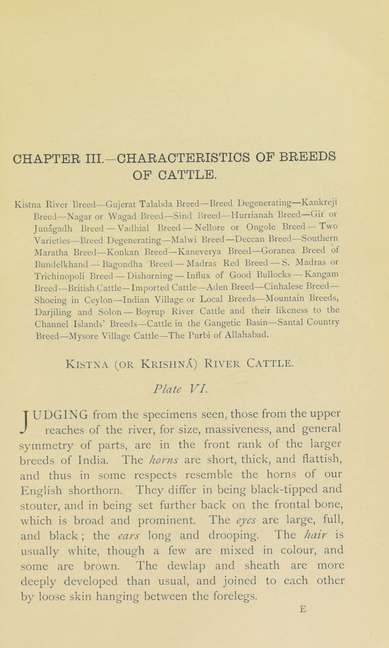 CHAPTER III.—CHARACTERISTICS OP BREEDS OF CATTLE. Kistna River Breed—Gujerat Talabda Breed—Breed Degenerating Kankreji Breed—-Nagar or Wagad Breed—Sind Breed—Hurrianah Breed Gir 01 Junagadh Breed—Vadhial Breed — Nellore or Ongole Breed Two Varieties—Breed Degenerating—Malwi Breed—Deccan Breed—Southern Maratha Breed—Konkan Breed—Kaneverya Breed—Goranea Breed of Bundelkhand — Bagondha Breed— Madras Red Breed — S. Madras or Trichinopoli Breed — Dishorning—Influx of Good Bullocks — Ivangam Breed—British Cattle—Imported Cattle—Aden Breed—Cinhalese Breed - Shoeing in Ceylon—Indian Village or Local Breeds—Mountain Breeds, Darjiling and Solon — Boyrup River Cattle and their likeness to the Channel Islands’ Breeds—Cattle in the Gangetic Basin Santal Countiy Breed—Mysore Village Cattle—The Purbi of Allahabad. Kistna (or Krishna) River Cattle. Plate VI. JUDGING from the specimens seen, those from the upper reaches of the river, for size, massiveness, and general symmetry of parts, are in the front rank of the larger breeds of India. The horns are short, thick, and flattish, and thus in some respects resemble the horns of our English shorthorn. They differ in being black-tipped and stouter, and in being set further back on the frontal bone, which is broad and prominent. The eyes are large, full, and black; the ears long and drooping. The hair is usually white, though a few are mixed in colour, and some are brown. The dewlap and sheath arc more deeply developed than usual, and joined to each other by loose skin hanging between the forelegs. E