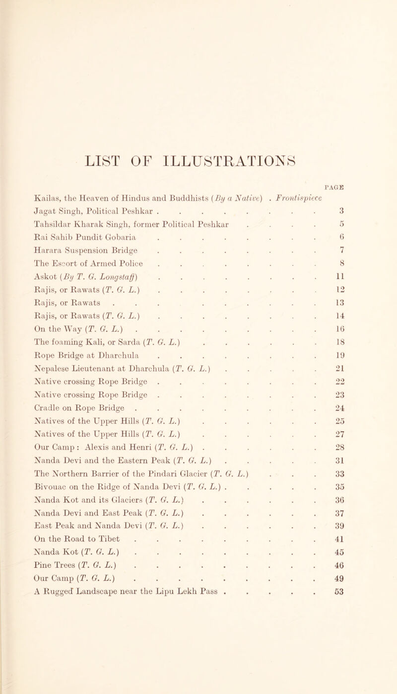 Kailas, the Heaven of Hindus and Buddhists {By a Native) Jagat Singh, Political Peshkar ..... Tahsildar Kharak Singh, former Political Peshkar Rai Sahib Pundit Gobaria ..... Harara Suspension Bridge ..... The Escort of Armed Police ..... Askot {By T. G. Longstafj) ..... Raj is, or Rawats {T. G. L.) Rajis, or Rawats ... ... Rajis, or Rawats {T. G. L.) On the Way {T. G. L.) The foaming Kali, or Sarda {T. G. L.) Rope Bridge at Dharchula ..... Nepalese Lieutenant at Dharchula {T. G. L.) Native crossing Rope Bridge ..... Native crossing Rope Bridge ..... Cradle on Rope Bridge ...... Natives of the Upper Hills {T. G. L.) Natives of the Upper Hills {T. G. L.) Our Camp : Alexis and Henri {T. G. L.) Nanda Devi and the Eastern Peak {T. G. L.) The Northern Barrier of the Pindari Glacier {T. G. L.) Bivouac on the Ridge of Nanda Devi {T. G. L.) . Nanda Kot and its Glaciers {T. G. L.) Nanda Devi and East Peak {T. G. L.) East Peak and Nanda Devi {T. G. L.) On the Road to Tibet ...... Nanda Kot {T. G. L.) Pine Trees {T. G. L.) Our Camp {T. G. L.) A Rugged Landscape near the Lipu Lekh Pass . PAGE Frontispiece 3 5 6 7 8 11 12 13 14 16 18 19 21 22 23 24 25 27 28 31 33 35 36 37 39 41 45 46 49 53