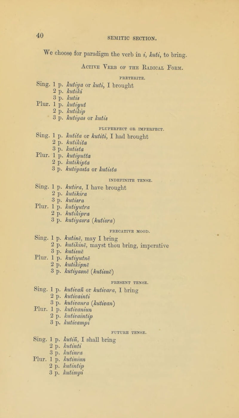 SEMITIC SECTION. We choose for paradigm the verb in i, kuti, to bring. Active Verb of the Radical Form. PRETERITE. king. 1 p. kutiya or kuti, I brought 2 p. kutiki 3 p. kutis Plur. 1 p. kutiyut 2 p. kutikip 3 p. kutiyas or kut is PLUPERFECT OR IMPERFECT. Sing. 1 p. kutita or kutiti, I had brought 2 p. kutikita 3 p. kut is t a Plur. 1 p. kutiyutta 2 p. kutikipta 3 p. kutiyasta or kutista INDEFINITE TENSE. Sing. 1 p. kutira, I have brought 2 p. kutikira 3 p. kutisra Plur. 1 p. kutiyutra 2 p. kutikipra 3 p. kutiyasra (kutisra) PRECATIVE MOOD. Sing. 1 p. kutine, may I bring 2 p. kutikine, mayst thou bring, imperative 3 p. kutisne Plur. 1 p. kutiyutne 2 p. kutikipne 3 p. kutiyasne (kutisne.) PRESENT TENSE. Sing. 1 p. kutivan or kutivara, I bring 2 p. kutivainti 3 p. kutivanra (kutivan) Plur. 1 p. kutivaniun 2 p. kutivaintip 3 p. kutivampi FUTURE TENSE. Sing. 1 p. kuti ft, I shall bring 2 p. kutinti 3 p. kutinra Plur. 1 p. kutiniun 2 p. kutintip 3 p. kutimpi