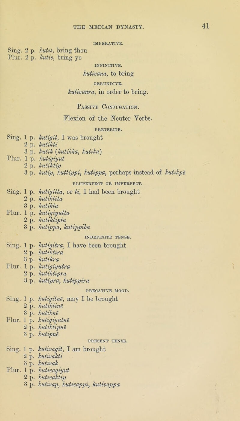 IMPERATIVE. Sing. 2 p. lutis, bring thou Plur. 2 p. hit is, bring ye INFINITIVE. hitivana, to bring GERUNDIVE. kutivanra, in order to bring. Passive Conjugation. Flexion of the Neuter Verbs. PRETERITE. Sing. 1 p. kutigit, I was brought 2 p. kutikti 3 p. kutik (kutikka, kutika) Plur. 1 p. kutigiyut 2 p. kutiktip 3 p. kutip, kuttippi, kutippa, perhaps instead of kutikpe PLUPERFECT OR IMPERFECT. Sing. 1 p. kutigitta, or ti, I had been brought 2 p. kutiktita 3 p. kutikta Plur. 1 p. kutigigutta 2 p. kutiktipta 3 p. kutippa, kutippiba INDEFINITE TENSE. Sing. 1 p. kutigitra, I have been brought 2 p. kutiktira 3 p. kutikra Plur. 1 p. kutigiyutra 2 p. kutiktipra 3 p. kutipra, kutippira PRECATIVE MOOD. Sing. 1 p. kutigitne, may I be brought 2 p. kutiktine 3 p. kutikne Plur. 1 p. kutigiyutne 2 p. kutiktipne 3 p. kutipne PRESENT TENSE. Sing. 1 p. kutivagit, I am brought 2 p. kutivakti 3 p. kutivak Plur. 1 p. kutivagiyut 2 p. kutivaktip 3 p. kutivap, kutivappi, kutivappa