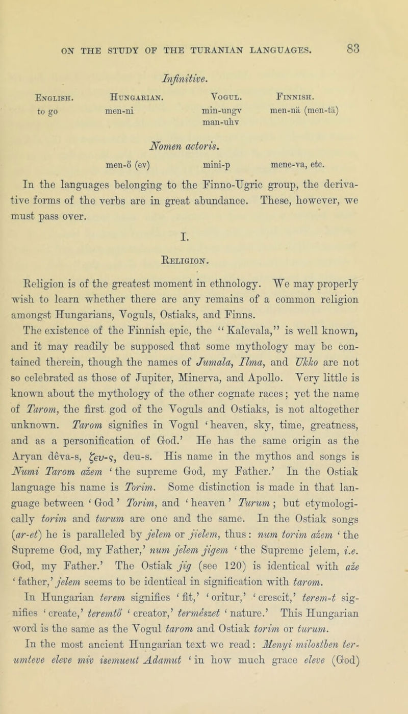 Infinitive. English. Hungarian. Yogul. Finnish. to go men-ni min-ungv man-ukv men-na (men-ta) Nomen actoris. men-# (ev) mini-p mene-va, etc. In the languages belonging to the Finno-Ugric group, the deriva- tive forms of the verbs are in great abundance. These, however, we must pass over. I. Religion. Religion is of the greatest moment in ethnology. We may properly wish to learn whether there are any remains of a common religion amongst Hungarians, Yoguls, Ostiaks, and Finns. The existence of the Finnish epic, the “ Kalevala,” is well known, and it may readily be supposed that some mythology may be con- tained therein, though the names of Jumala, lima, and Uklco are not so celebrated as those of Jupiter, Minerva, and Apollo. Very little is known about the mythology of the other cognate races; yet the name of Tarom, the first god of the Yoguls and Ostiaks, is not altogether unknown. Tarom signifies in Yogul ‘ heaven, sky, time, greatness, and as a personification of God.’ He has the same origin as the Aryan deva-s, £eu-?, deu-s. His name in the mythos and songs is Numi Tarom azem ‘ the supreme God, my Father.’ In the Ostiak language his name is Torim. Some distinction is made in that lan- guage between ‘ God ’ Torim, and ‘ heaven ’ Turum ; but etymologi- cally torim and turum are one and the same. In the Ostiak songs (ar-et) he is paralleled by jelem or jielem, thus : num torim azem ‘ the Supreme God, my Father,’ num jelem jigem ‘the Supreme jelem, i.e. God, my Father.’ The Ostiak jig (see 120) is identical with aze ‘ father,' jelem seems to be identical in signification with tarom. In Hungarian terem signifies ‘fit,’ ‘oritur,’ ‘crescit,’ terem-t sig- nifies ‘create,’ teremto ‘creator,’ termeszet ‘nature.’ This Hungarian word is the same as the Yogul tarom and Ostiak torim or turum. In the most ancient Hungarian text we read: Menyi milostlen ter- umteve eleve miv isemueut Adamut ‘ in how much grace eleve (God)