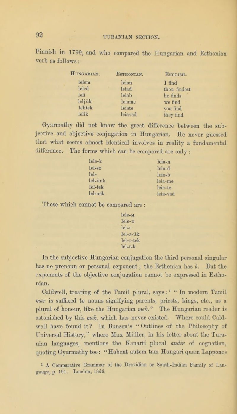 TURANIAN SECTION. Finnish in 1799, and who compared the Hungarian and Esthonian verb as follows: Hungarian. Esthonian. English. lelem leian I find leled leiad thou findest leli leiab he finds lei j iik leiame we find lelitek leiate you find lelik leiavad they find Gyarmathy did not know the great difference between the sub- jective and objective conjugation in Hungarian. He never guessed that what seems almost identical involves in reality a fundamental difference. The forms which can be compared are only : lele-k leia-n lel-sz leia-d lel- leia-b lel-iink leia-me lel-tek leia-te lel-nek leia-vad Those which cannot be compared are: lele-M lele-D lel-i lel-j-iik lel-i-tek lel-i-k In the subjective Hungarian conjugation the third personal singular has no pronoun or personal exponent; the Esthonian has b. But the exponents of the objective conjugation cannot be expressed in Estho- nian. Caldwell, treating of the Tamil plural, says:1 “In modem Tamil mar is suffixed to nouns signifying parents, priests, kings, etc., as a plural of honour, like the Hungarian niek.” The Hungarian reader is astonished by this niek, which has never existed. Where could Cald- well have found it? In Bunsen’s “Outlines of the Philosophy of Universal History,” where Max Muller, in his letter about the Tura- nian languages, mentions the Kanarti plural andir of cognation, quoting Gyarmathy too: “Habent auteru tarn Hungari quam Lappones 1 A Comparative Grammar of the Dravidian or South-Indian Family of Lan- guage, p. 191. London, 1856.