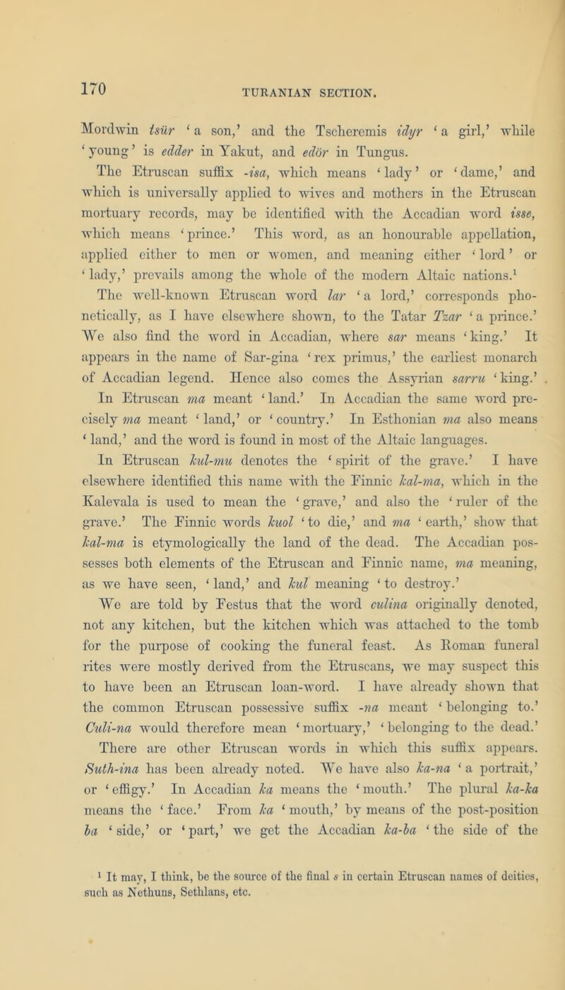 Mordwin tsiir ‘ a son,’ and the Tscheremis idyr ‘ a girl,’ while ‘ young ’ is edder in Yakut, and edor in Tungus. The Etruscan suffix -isa, which means ‘lady’ or ‘dame,’ and which is universally applied to wives and mothers in the Etruscan mortuary records, may be identified with the Accadian word isse, which means ‘ prince.’ This word, as an honourable appellation, applied either to men or women, and meaning either ‘ lord ’ or ‘ lady,’ prevails among the whole of the modem Altaic nations.1 The well-known Etruscan word lar ‘ a lord,’ corresponds pho- netically, as I have elsewhere shown, to the Tatar Tzar ‘ a prince.’ We also find the word in Accadian, where sar means ‘king.’ It appears in the name of Sar-gina ‘rex primus,’ the earliest monarch of Accadian legend. Hence also comes the Assyrian sarru ‘ king.’ In Etruscan ma meant ‘ land.’ In Accadian the same word pre- cisely ma meant ‘land,’ or ‘country.’ In Esthonian ma also means ‘ land, ’ and the word is found in most of the Altaic languages. In Etruscan Tcul-mu denotes the ‘ spirit of the grave.’ I have elsewhere identified this name with the Einnic kal-ma, which in the Kalevala is used to mean the ‘grave,’ and also the ‘ruler of the grave.’ The Einnic words hiol ‘to die,’ and via ‘earth,’ show that lcal-via is etymologically the land of the dead. The Accadian pos- sesses both elements of the Etruscan and Einnic name, ma meaning, as we have seen, ‘ land,’ and Icul meaning ‘ to destroy.’ We are told by Eestus that the word culina originally denoted, not any kitchen, but the kitchen which was attached to the tomb for the purpose of cooking the funeral feast. As Roman funeral rites were mostly derived from the Etruscans, we may suspect this to have been an Etruscan loan-word. I have already shown that the common Etruscan possessive suffix -na meant ‘ belonging to.’ Culi-na would therefore mean ‘mortuary,’ ‘belonging to the dead.’ There are other Etruscan words in which this suffix appears. Suth-ina has been already noted. We have also ka-na ‘a portrait,’ or ‘ effigy.’ In Accadian lea means the ‘ mouth.’ The plural ha-ha means the ‘face.’ From lea ‘mouth,’ by means of the post-position la ‘side,’ or ‘part,’ we get the Accadian Jca-ba ‘the side of the 1 It may, I think, be the source of the final s in certain Etruscan names of deities, such as Nethuus, Sethlans, etc.