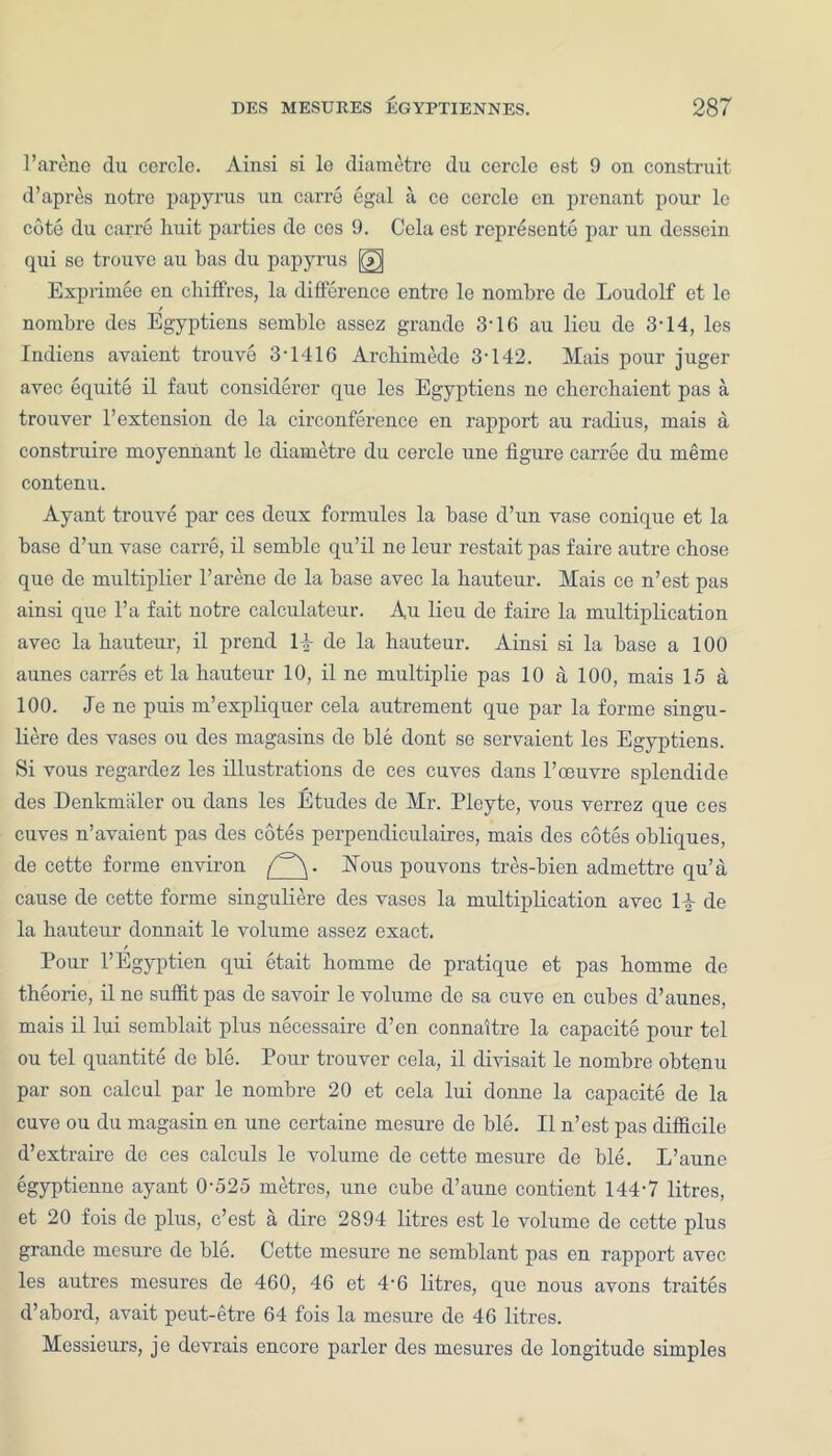 l’areno du cercle. Ainsi si lo diametrc du cercle est 9 on construit d’apres notre papyrus un carre egal a co cercle en prcnant pour lc cote du carre huit parties de cos 9. Cela est represente par uu dessein qui se trouve au bas du papyrus [@j Exprimee en chiffres, la difference entrc le nombre de Loudolf et le / nombre des Egyptiens semble assez grande 3‘16 au lieu de 3-14, les Indiens avaient trouve 3-1416 Archimede 3-142. Mais pour juger avec equite il faut considerer que les Egyptiens nc chcrchaient pas a trouver l’extension de la circonference en rapport au radius, mais a construire moyennant le diametre du cercle une figure carree du memo contenu. Ayant trouve par ces deux formules la base d’un vase conique et la base d’un vase carre, il semble qu’il ne leur restait pas faire autre chose que de multiplier l’arene de la base avec la hauteur. Mais ce n’est pas ainsi que l’a fait notre calculateur. An lieu de faire la multiplication avec la hauteur, il prcnd 11 de la hauteur. Ainsi si la base a 100 aunes carres et la hauteur 10, il ne multiplie pas 10 d 100, mais 15 a 100. Je ne puis m’expliquer cela autrement que par la forme singu- liere des vases ou des magasins de ble dont so scrvaient les Egyptiens. Si vous regardez les illustrations de ces cuves dans l’oeuvre splendide des Denkmaler ou dans les Etudes de Mr. Pleyte, vous verrez que ces cuves n’avaient pas des cotes perpendiculaires, mais des cotes obliques, de cette forme environ Nous pouvons tres-bien admettre qu’a cause de cette forme singuliere des vases la multiplication avec li de la hauteur donnait le volume assez exact. Pour l’Egyptien qui etait homme de pratique et pas homme de theorie, il ne suffit pas de savoir le volume de sa cuve en cubes d’aunes, mais il lui semblait plus necessaire d’en connaitre la capacite pour tel ou tel quantite de ble. Pour trouver cela, il divisait le nombre obtenu par son calcul par le nombre 20 et cela lui donne la capacite de la cuve ou du magasin en une certaine mesure de ble. Il n’est pas difficile d’extraire de ces calculs le volume de cette mesure de ble. L’aune egyptienne ayaut 0-525 metres, une cube d’aune contient 144-7 litres, et 20 fois de plus, e’est a dire 2894 litres est le volume de cette plus grande mesure de ble. Cette mesure ne semblant pas en rapport avec les autres mesures de 400, 46 et 4-6 litres, que nous avons traites d’abord, avait peut-etre 64 fois la mesure de 46 litres. Messieurs, je devrais encore parlor des mesures de longitude simples