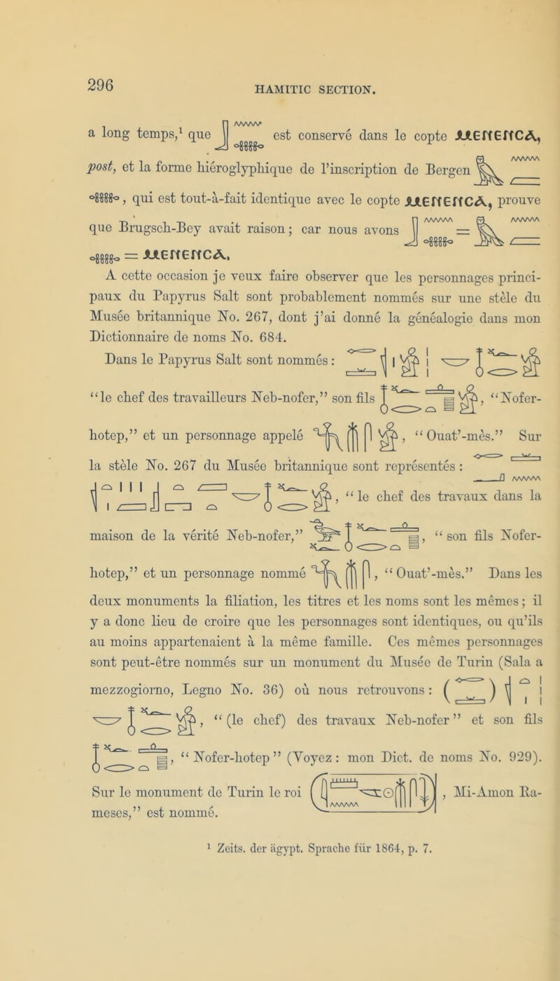 HAMITIC SECTION. n A/vVW* a long temps,1 que 1 est conserve dans le copte JHEffGffCA., post, et la fonne hieroglypliique de l’inscription de Bergen , qui est tout-a-fait identique avec le copte ULGn E11CA, prouve ' n AAAAAA AAAAAA que lirugsch-Bey avait raison; car nous avons = Ji A-=r. oim, = utenencA, A cette occasion jc veux faire observer que les personnages princi- paux du Papyrus Salt sont probablement nommes sur unc stele du Musee britannique No. 267, dont j’ai donne la genealogic dans mon Dictionnaire de noms No. G84. Dans le Papyrus Salt sont nommes: \| | MA j *33; “le cbef des travailleurs Neb-nofer,” son fils •j: ‘Nofer- botep,” ct un personnage appele jjj ^ ^ > “ Ouat’-mes.” Sur la stele No. 267 du Musee britannique sont representes: L_ J ^ J} AAAAAA “ le cbef des travaux dans la ^ A tea, “son fils Nofer- maison de la verite Neb-nofer,” hotep,” et un personnage nomme ^ K “ Ouat’-mes.” Dans les deux monuments la filiation, les titres et les noms sont les memos; il y a done lieu de croire que les personnages sont identiques, ou qu’ils au moins appartenaient a la meme famille. Ces memes personnages sont peut-etre nommes sur un monument du Musee de Turin (Sala a mezzogiomo, Lcgno No. 36) ou nous retrouvons: ^ ^ ^ 1 ' ’ ^, “ (le chef) des travaux Neb-nofer ” et son fils , “ Nofer-liotep ” (Yoyez: mon Diet, de noms No. 929). L J , Mi-Anion Ba- l l Sur le monument de Turin le roi meses,” est nomme. :© 1 Zeits. der agypt. Sprache fiir 1864, p. 7.