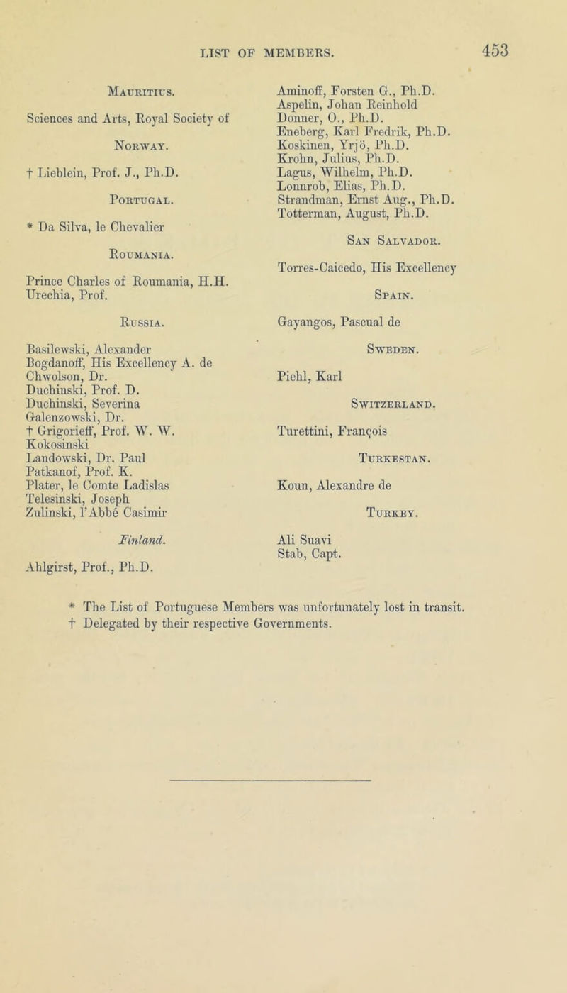 Mauritius. Sciences and Arts, Royal Society of Norway. t Lieblein, Prof. J., Ph.D. Portugal. * Da Silva, le Chevalier Roumania. Prince Charles of Ronmania, H.Ii. Urechia, Prof. Russia. Basilewski, Alexander Bogdanoff, His Excellency A. de Chwolson, Dr. Duchinski, Prof. D. Duchinski, Severina Galenzowski, Dr. t GrigoriefF, Prof. W. W. Kokosinski Landowski, Dr. Paul Patkanof, Prof. K. Plater, le Corate Ladislas Telesinski, Joseph Zulinski, l’Abbe Casimir Finland. Ahlgirst, Prof., Ph.D. Aminoff, Forsten G., Ph.D. Aspehn, Johan Reinhold Donner, 0., Ph.D. Eneberg, Karl Fredrik, Ph.D. Koskinen, Yrjo, Ph.D. Krohn, Julius, Ph.D. Lagus, Wilhelm, Ph.D. Lonnrob, Elias, Ph.D. Strandman, Ernst Aug., Ph.D. Totterraan, August, Ph.D. San Salvador. Torres-Caicedo, His Excellency Spain. Gayangos, Pascual de Sweden. Piehl, Karl Switzerland. Turettini, Francois Turkestan. Koun, Alexandre de Turkey. Ali Suavi Stab, Capt. * The List of Portuguese Members was unfortunately lost in transit, t Delegated by their respective Governments.