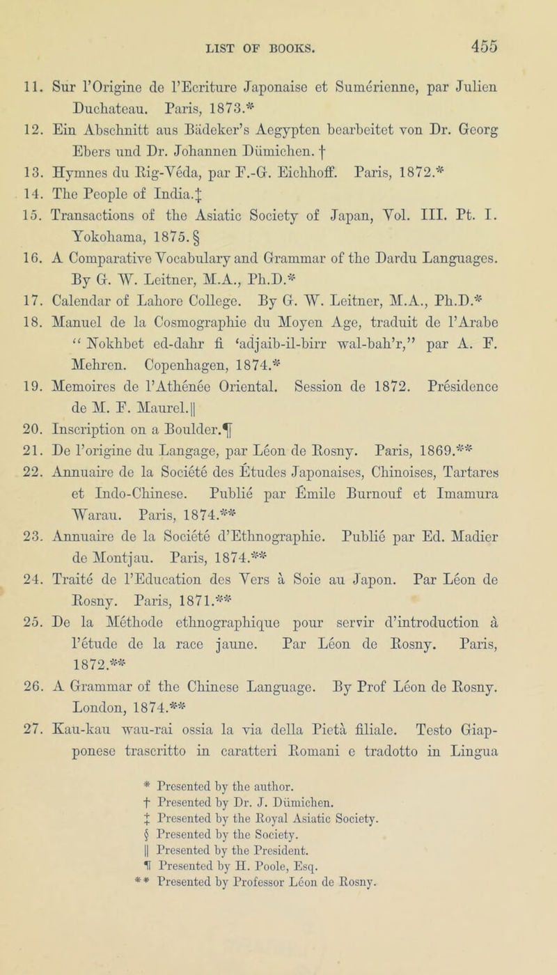 11. Sur l’Origine de l’Ecriture Japonaise et Sumericnne, par Julien Duchateau. Paris, 1873.* 12. Ein Abschnitt aus Badeker’s Aegypten bearbeitet von Dr. Georg Ebers und Dr. Johannen Diimichen. f 13. Hymnes du Eig-Veda, par F.-G. Eickkoff. Paris, 1872.* 14. Tbe People of India.]; 15. Transactions of tbe Asiatic Society of Japan, Yol. III. Pt. I. Yokohama, 1875. § 16. A Comparative Vocabulary and Grammar of tbe Dardu Languages. By G. ~VV. Leitner, M.A., Ph.D.* 17. Calendar of Lahore College. By G. W. Leitner, M.A., Ph.D.* 18. Manuel de la Cosmographic du Moyen Age, traduit de l’Arabc “ Nokhbet ed-dabr fi ‘adjaib-il-birr wal-bak’r,” par A. E. Mehrcn. Copenhagen, 1874.* 19. Memoires de l’Atkenee Oriental. Session de 1872. Presidence de M. F. Maurel.|| 20. Inscription on a Boulder.^j 21. De l’origine du Langage, par Leon de Eosny. Paris, 1869.** 22. Annuaire do la Societe des Etudes Japonaises, Chinoises, Tartares et Indo-Chinese. Publie par Emile Burnouf et Imamura Waran. Paris, 1874.** 23. Annuaire de la Societe d’Ethnographic. Publie par Ed. Madier de Montjau. Paris, 1874.** 24. Traite de l’Education des Vers a Soie au Japon. Par Leon de Eosny. Paris, 1871.** 25. De la Methodo ethnographique pour servir d’introduction a l’etude de la race jaune. Par Leon de Eosny. Paris, 1872.** 26. A Grammar of the Chinese Language. By Prof Leon de Eosny. London, 1874.** 27. Kau-kau wau-rai ossia la via della Pieta filiale. Testo Giap- ponese trascritto in caratteri Eomani e tradotto in Lingua * Presented by tbe author, f Presented by Dr. J. Diimichen. I Presented by the Eoyal Asiatic Society. § Presented by tbe Society. || Presented by the President. U Presented by H. Poole, Esq. * * Presented by Professor Leon de Posny.