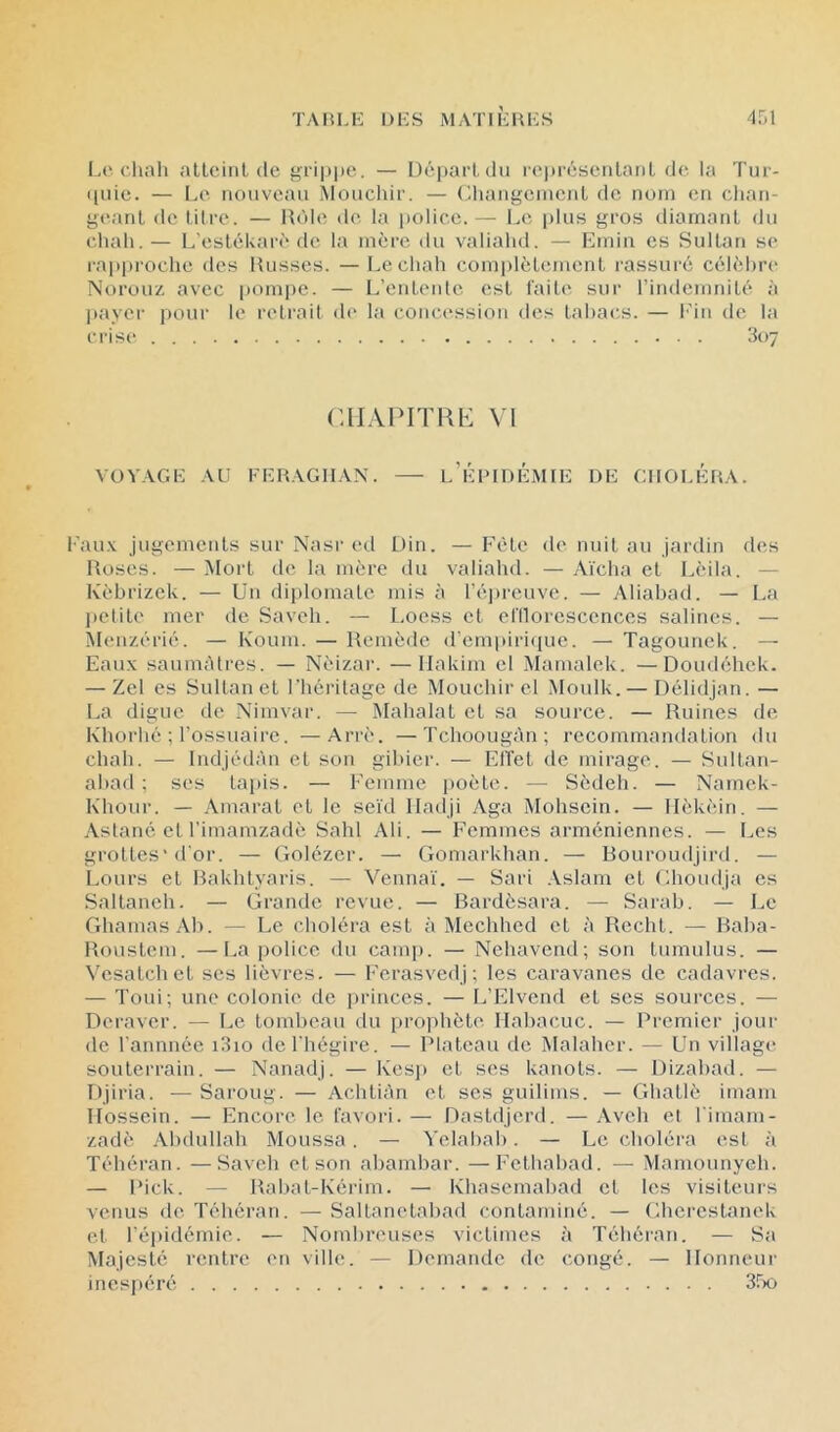TAHLK ÜKS iMATIliUKK 4r.i Le cliali allcinl (le f>rii)|te. — Départ du re|)résculaiiL de la Tur- ((iiie. — Le nouveau Mouchir. — Cliaiigciucul de nuni eu cliati- geaut de tilre. — Rôle de la police. — Le plus gros diamant du chah.— L'estékarè de la mère du valialid. — Lmiu es Sultan se rapproche des Russes. — Le chah comi)lètement rassuré célèhre Norouz avec pomi)e. — L’euteule est faite sur rindemnité à payer pour le retrait de la concession des tahacs. — Lin de la crisi“ 3o7 (UIAPITHK VI VÜVAGK AU FERAGHAN. l’épidémie de choléra. Faux jugements sur Nasr ed Din. — Fête de nuit au jardin des Roses. — Mort de la mère du valiahd. — Aïcha et Lèila. — Kèbrizek. — üii diplomate mis à ré))reuvc. — Aliahad. — La jieliU' mer de Saveh. — Loess et emorescences salines. — Meiizérié. — Koum. — Remède dempiri([ue. — Tagounek. — Eaux saumâtres. — Nèizar. —Ilakim et Mamalek. —Doudéhek. — Zel es Sultan et l’héritage de Mouchir et Moulk. — Délidjan. — La digue de Nimvar. — Mahalat et sa source. — Ruines de Khorhé ; l’ossuaire. — Arrè. —Tchoougàn; recommandation du chah. — Indjédàu et son gibier. — Elfet de mirage. — Sultan- ahad ; ses tapis. — Femme poète. — Sèdeh. — Namek- Khour. — Amarat et le seid Iladji Aga Mohsein. — Ilèkèin. — Astané et rimamzadè Sahl Ali. — Femmes arméniennes. — Les grottes'd’or. — Golézer. — Goniarkhan. — Bouroudjird. — Lours et Rakhtyaris. — Vennaï. — Sari .\slam et Ghoudja es Saltaneh. — Grande revue. — Bardèsara. — Sarab. — Le Gharnas Ah. — Le choléra est à Mechhed et à Redit. — Baha- Roustem. —La police du camp. — Nehavend; sou tumulus. — Vesatchet scs lièvres. — Ferasvedj ; les caravanes de cadavres. — Toui; une colonie de princes. — L’Elvend et scs sources. — Deraver. — Le tombeau du prophète Ilahacuc. — Premier jour de rannnée i3io de l'hégire. — Plateau de Malaher. — Un village souterrain. — Nanadj. — Kesp et ses kanots. — Dizahad. — Djiria. — Saroug. — Achtiàn et scs guilims. — Ghatlè imam Ilosscin. — Encore, le favori. — Dastdjerd. — Aveh et rimam- zadè Ahdullah Moussa . — Yelahah. — Le choléra est à Téhéran. —Saveh et son ahambar. —Fcthahad. — Mamounyeh. — Pick. — Rabat-Kérim. — Khasemahad et les visiteurs venus de. Téhéran. — Saltanetahad contaminé. — Gherestanek et l’épidémie. — Nombreuses victimes à Téhéran. — Sa Majesté rentre eu ville. — Demaude de congé. — Honneur inespéré Sfio