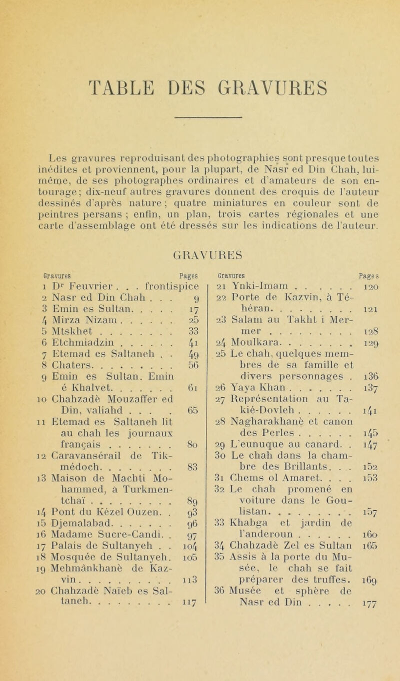 Les gravures reprodiiisanl des pliolographies sont j)resque loules inédites et jjroviennenl, {)Our la i)luparl, de Nasr ed Din Cliali, lui- rnème, de ses i)lioLographes ordinaires cl d’amateurs de son en- tourage; dix-neuf autres gravures donnent des croquis de l'auteur dessinés d’après nature ; quatre miniatures en couleur sont de peintres persans ; enfin, un j)lan, trois cartes régionales cl une carte d’asscrnhlagc ont été dressés sur les indications de l'auteur. GILVVUHES Gravures Pages Gravures Pages 1 !')'• Feuvricr . . . frontit jiice 21 Ynki-Jmam 120 2 Nasr ed Din Chah . . . 9 22 Porte de Kazvin, à Té- 3 Emin es Sultan 17 hérati. 121 4 Mirza Nizam 25 23 Salam au Takht i Mer- 5 Mtskhet mer 128 (■) Etchmiadziu 41 24 Moulkara 129 7 Eteraad es Saltaneh . . 49 25 Le chah, ([uclques mem- S Chaters 5G hrcs de sa famille et 9 Emin es Sultan. Emin divers personnages . i3G é Khalvel t)l 26 Vaya Khan 137 10 Chahzadè MouzalTer ed 27 Représentation au Ta- Din, valiahd ... G5 kié-Dovlch i4i 11 Etemad es Saltaneh lit 28 Nagharakhanè cl canon au chah les journaux des Perles 145 français 80 29 L’eunuque au canard. . 147 12 Caravansérail de Tik- 3o Le chah dans la cham- médoch 83 bre des Brillants. . . i52 i3 Maison de Machli Mo- 3i Chems ol Amaret. . . . i53 hammed, a Turkmen- 32 Le chah promené en Ichaï S9 voiture dans le Gou- i4 Pont du Kézcl Ouzen. . 9^ lislau 157 i5 Djemalahad 9<i 33 Khahga et jardin de iG Madame Sucre-Candi. . 97 l’anderoun iGo 17 Palais de Sullanyeh . . 104 34 Chahzadè Zel es Sultan i65 i8 Mosquée de Sullanyeh. io5 35 Assis à la porte du Mu- 19 Mchmànkhanè de Kaz- séc, le chah se fait vin 113 préparer des IrulTes. 1G9 20 Chahzadè Naïch es Sal- 3G Musée et sphère de taneh 117 Nasr ed Din 177