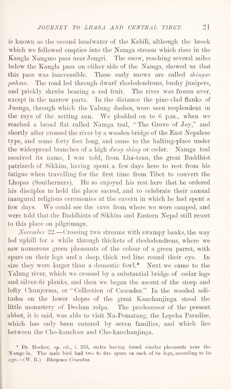 is known as the second headwater of the Kahili, although the brook which we followed empties into the Kamga stream which rises in the Kangla Kangmo pass near Jongri. The snow, reaching several miles below the Kangla pass on either side of the Kaluga, showed us that this pass was inaccessible. These early snows are called shingsa paJimo. The road led through dwarf rhododendrons, bushy junipers, and prickly shrubs bearing a red fruit. The river was frozen over, except in the narrow parts. In the distance the pine-clad flanks of Juonga, through which the Yalung dashes, were seen resplendent in the rays of the setting sun. We plodded on to 6 p.rn., when we reached a broad flat called Kaluga tsal, “ The Grove of Joy,” and shortly after crossed the river by a wooden bridge of the East Kepalese type, and some forty feet long, and came to the halting-place under the widespread branches of a high dung slang or cedar. Kamga tsal received its name, I was told, from Llia-tsun, the great Buddhist patriarch of Sikkim, having spent a few days here to rest from his fatigue when travelling for the first time from Tibet to convert the Lhopas (Southerners). He so enjoyed his rest here that he ordered his disciples to hold the place sacred, and to celebrate their annual inaugural religious ceremonies at the cavern in which he had spent a few days. We could see the cave from where we were camped, and were told that the Buddhists of Sikkim and Eastern Kepal still resort to this place on pilgrimage. November 22.—Crossing two streams with swampy banks, the way led uphill for a while through thickets of rhododendrons, where we saw numerous green pheasants of the colour of a green parrot, with spurs on their legs and a deep, thick red line round their eye. In size they were larger than a domestic fowl.* Kext we came to the Yalung river, which we crossed by a substantial bridge of cedar logs and silver-fir planks, and then we began the ascent of the steep and lofty Chunjorma, or “ Collection of Cascades.” In the wooded soli- tudes on the lower slopes of the great Kanchanjinga stood the little monastery of Dechan rolpa. The predecessor of the present abbot, it is said, was able to visit Ka-Pematang, the Lepcha Paradise, which has only been entered by seven families, and which lies between the Cho-kanchan and Cho-kanchanjinga. * Dr. Hooker, op. citi. 255, states having found similar pheasants near the Nango la. The male bird had two to live spurs on each of its legs, according to its age.—(W. It.) Itliagenes Cruentus.