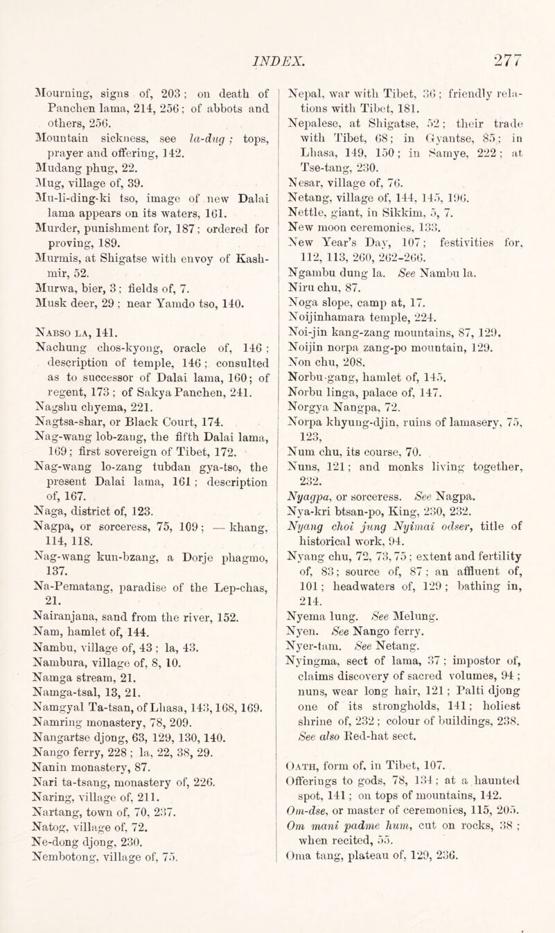 Mourning-, signs of, 203; on death of Panchen lama, 214, 256; of abbots and others, 256. Mountain sickness, see la-dug; tops, prayer and offering, ] 42. Mudang phug, 22. Mug, village of, 39. Mu-li-ding-ki tso, image of new Dalai lama appears on its waters, 161. Murder, punishment for, 187; ordered for proving, 189. Murmis, at Shigatse with envoy of Kash- mir, 52. Murwa, bier, 3 ; fields of, 7. Musk deer, 29 ; near Yamdo tso, 140. Nabso la, 141. Nachung chos-kyong, oracle of, 146 ; description of temple, 146 ; consulted as to successor of Dalai lama, 160; of regent, 173 ; of Sakya Panchen, 241. Nagsliu chyema, 221. Nagtsa-shar, or Black Court, 174. Nag-wang lob-zang, the fifth Dalai lama, 169; first sovereign of Tibet, 172. Nag-wang lo-zang tubdan gya-tso, the present Dalai lama, 161 ; description of, 167. Naga, district of, 123. Nagpa, or sorceress, 75, 109; — khang, 114, 118. Nag-wang kun-bzang, a Dorje pliagmo, 137. Na-Pematang, paradise of the Lep-chas, 21. Nairanjana, sand from the river, 152. Nam, hamlet of, 144. Nambu, village of, 43 ; la, 43. Nambura, village of, 8, 10. Namga stream, 21. Namga-tsal, 13, 21. Namgyal Ta-tsan, of Lhasa, 143,168, 169. Namring monastery, 78, 209. Nangartse djong, 63, 129, 130, 140. Nango ferry, 228 ; la, 22, 38, 29. Nanin monastery, 87. Nari ta-tsang, monastery of, 226. Naring, village of, 211. Nartang, town of, 70, 237. Natog, village of, 72. Ne-dong djong, 230. Nembotong, village of, 75. Nepal, war with Tibet, 36 ; friendly rela- tions with Tibet, 181. Nepalese, at Shigatse, 52; their trade with Tibet, 68; in Gyantse, 85; in Lhasa, 149, 150; in Samye, 222; at Tse-tang, 230. Nesar, village of, 76. Netang, village of, 144, 145, 196. Nettle, giant, in Sikkim, 5, 7. New moon ceremonies, 133. New Year’s Day, 107; festivities for, 112, 113, 260, 262-266. Ngambu dung la. See Nambu la. Niru chu, 87. Noga slope, camp at, 17. Noijinhamara temple, 224. Noi-jin kang-zang mountains, 87, 129. Noijin norpa zang>po mountain, 129. Non chu, 208. Norbu-gang, hamlet of, 145. Norbu linga, palace of, 147. Norgya Nangpa, 72. Norpa khyung-djin, ruins of lamasery, 75, 123, Num chu, its course, 70. Nuns, 121; and monks living together, 232. Nyagpa, or sorceress. See Nagpa. Nya-kri btsan-po, King, 230, 232. Nyang choi jung Nyimai odser, title of historical work, 94. Nyang chu, 72, 73,75 ; extent and fertility of, 83; source of, 87; an affluent of, 101; headwaters of, 129 ; bathing in, 214. Nyema lung. See Melung. Nyen. See Nango ferry. Nyer-tam. See Netang. Nyingma, sect of lama, 37 ; impostor of, claims discovery of sacred volumes, 94 ; nuns, wear long hair, 121; Palti djong one of its strongholds, 141; holiest shrine of, 232 ; colour of buildings, 238. See also Bed-hat sect. Oath, form of, in Tibet, 107. Offerings to gods, 78, 134; at a haunted spot, 141; on tops of mountains, 142. Om-dse, or master of ceremonies, 115, 205. Ora mani padme hum, cut on rocks, 38 ; when recited, 55. Oma tang, plateau of, 129, 236.