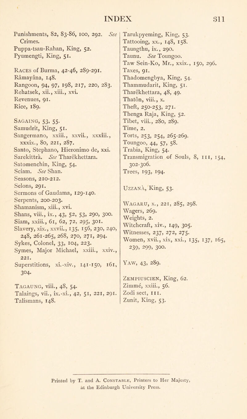 Punishments, 82, 83-86, 100, 292. See Crimes. Puppa-tsau-Rahan, King, 52. Pyumengti, King, 51. Races of Burma, 42-46, 289-291. Ramayana, 148. Rangoon, 94, 97, 198, 217, 220, 283. Rehatsek, xii., xiii., xvi. Revenues, 91. Rice, 189. Sagaing, 53, 55. Samudrit, King, 51. Sangermano, xxiii., xxvii., xxxiii., xxxix., 80, 221, 287. Santo, Stephano, Hieronimo de, xxi. SarekittrL See Tharekhettara, Satomenchin, King, 54. Sciam. See Shan. Seasons, 210-212. Selons, 291. Sermons of Gaudama, 129-140. Serpents, 200-203. Shamanism, xiii., xvi. Shans, viii., ix., 43, 52, 53, 290, 300. Siam, xxiii., 6l, 62, 72, 295, 301. Slavery, xix., xxvii., 135, 156, 230, 240, 248, 261-265, 268, 270, 271, 294. Sykes, Colonel, 33, 104, 223. Symes, Major Michael, xxiii., xxiv., 221. Superstitions, xi.-xiv., 141-150, 161, 304- Tagaung, viii., 48, 54. Talaings, vii., ix.-xi., 42, 51, 221, 291. Talismans, 148. Tarukpyeming, King, 53- Tattooing, xx., 148, 158. Taungthu, ix., 290. Taunu. See Toungoo. Taw Sein-Ko, Mr., xxix., 150, 296. Taxes, 91. Thadomengbya, King, 54. Thammudarit, King, 51. Tharekhettara, 48, 49. Thaton, viii., x. Theft, 250-253, 271. Thenga Raja, King, 52. Tibet, viii., 280, 289. Time, 2. Torts, 253, 254, 265-269. Toungoo, 44, 57, 58. Trabia, King, 54. Transmigration of Souls, 8, iii, 154, 302-306. Trees, 193, 194. UzzANA, King, 53. Wagaru, X., 221, 285, 298. Wagers, 269. Weights, 2. Witchcraft, xiv., 149, 305. Witnesses, 237, 272, 275. Women, xvii., xix, xxi., 135, 137, 165, 239. 299, 300. Yaw, 43, 289. Zempiuscien, King, 62. Zimme, xxiii., 56. Zodi sect, 111. Zunit, King, 53. Printed by T. and A. Constable, Printers to Her Majesty, at the Edinburgh University Press.