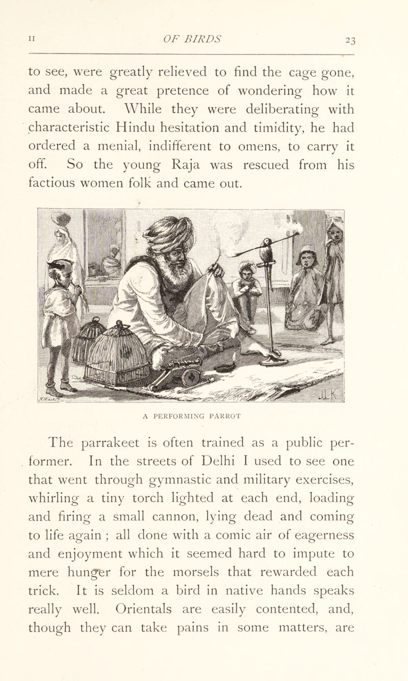 to see, were greatly relieved to find the cage gone, and made a great pretence of wondering how it came about. While they were deliberating with characteristic Hindu hesitation and timidity, he had ordered a menial, indifferent to omens, to carry it off So the young Raja was rescued from his factious women folfi and came out. A PERFORMING PARROT The parrakeet is often trained as a public per- former. In the streets of Delhi I used to see one that went through gymnastic and military exercises, whirling a tiny torch lighted at each end, loading and firing a small cannon, lying dead and coming to life again ; all done with a comic air of eagerness and enjoyment which it seemed hard to impute to mere hung’er for the morsels that rewarded each trick. It is seldom a bird in native hands speaks really well. Orientals are easily contented, and, though they can take pains in some matters, are