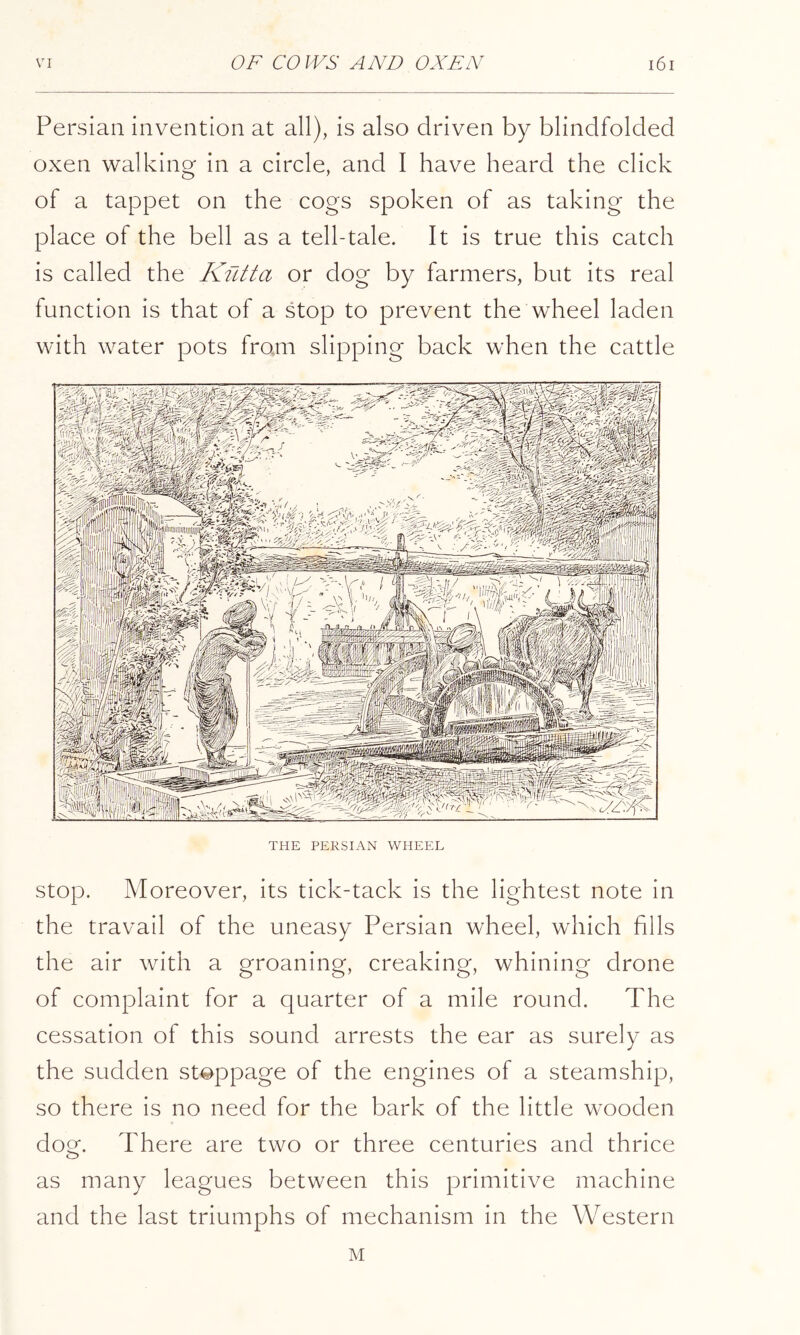 Persian invention at all), is also driven by blindfolded oxen walking in a circle, and I have heard the click of a tappet on the cogs spoken of as taking the place of the bell as a tell-tale. It is true this catch is called the Kutta or dog by farmers, but its real function is that of a stop to prevent the wheel laden with water pots from slipping back when the cattle THE PERSIAN WHEEL Stop. Moreover, its tick-tack is the lightest note in the travail of the uneasy Persian wheel, which fills the air with a groaning, creaking, whining drone of complaint for a quarter of a mile round. The cessation of this sound arrests the ear as surely as the sudden stoppage of the engines of a steamship, so there is no need for the bark of the little wooden doo^. There are two or three centuries and thrice as many leagues between this primitive machine and the last triumphs of mechanism in the Western M