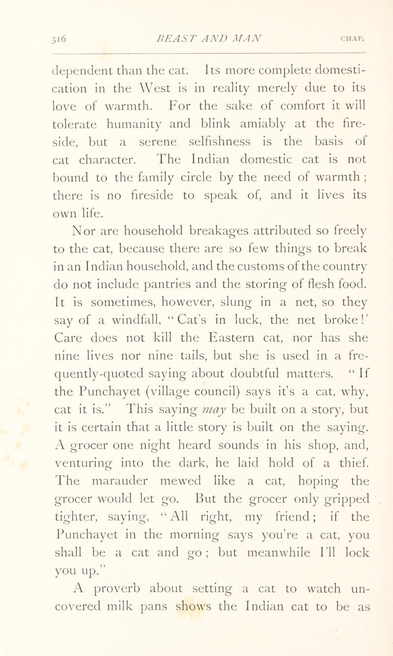 dependent than the cat. Its more complete domesti- cation in the West is in reality merely due to its love of warmth. For the sake of comfort it will tolerate humanity and blink amiably at the fire- side, but a serene selfishness is the basis of cat character. The Indian doiuestic cat is not bound to the family circle by the need of warmth ; there is no fireside to speak of, and it lives its own life. Nor are household breakages attributed so freely to the cat, because there are so few things to break in an Indian household, and the customs of the country do not include pantries and the storing of flesh food. It is sometimes, however, slung in a net, so they say of a windfall, “Cat’s in luck, the net broke!’ Care does not kill the Eastern cat, nor has she nine lives nor nine tails, but she is used in a fre- quently-quoted saying about doubtful matters. “If the Punchayet (village council) says it’s a cat, why, cat it is.” This saying may be built on a story, but it is certain that a little story is built on the saying. A grocer one night heard sounds in his shop, and, venturing into the dark, he laid hold of a thief. The marauder mewed like a cat, hoping the grocer would let go. But the grocer only gripped tighter, saying, “All right, my friend; if the Punchayet in the morning says you’re a cat, you shall be a cat and go; but meanwhile I’ll lock you up.” A proverb about setting a cat to watch un- covered milk pans shows the Indian cat to be as