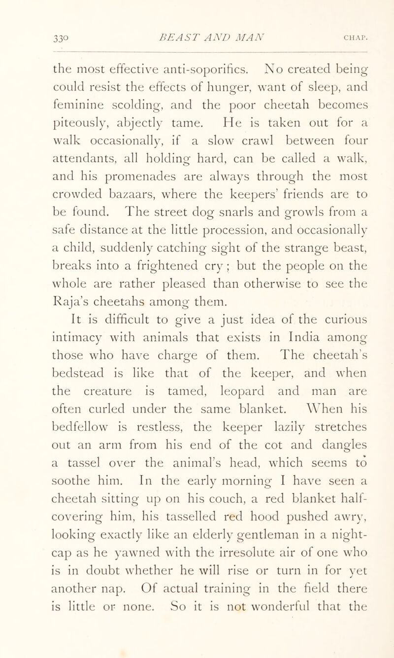 the most effective anti-soporifics. No created being could resist the effects of hunger, want of sleep, and feminine scolding, and the poor cheetah becomes piteously, abjectly tame. He is taken out for a walk occasionally, if a slow crawl between four attendants, all holding hard, can be called a walk, and his promenades are always through the most crowded bazaars, where the keepers’ friends are to be found. The street dog snarls and growls from a safe distance at the little procession, and occasionally a child, suddenly catching sight of the strange beast, breaks into a frightened cry ; but the people on the whole are rather pleased than otherwise to see the Raja’s cheetahs among them. It is difficult to give a just idea of the curious intimacy with animals that exists in India among those who have charge of them. The cheetah’s bedstead is like that of the keeper, and when the creature is tamed, leopard and man are often curled under the same blanket. When his bedfellow is restless, the keeper lazily stretches out an arm from his end of the cot and dangles a tassel over the animal’s head, which seems to soothe him. In the early morning I have seen a cheetah sitting up on his couch, a red blanket half- covering him, his tasselled red hood pushed awry, looking exactly like an elderly gentleman in a night- cap as he yawned with the Irresolute air of one who is In doubt whether he will rise or turn in for yet another nap. Of actual training In the field there Is little or none. So It Is not wonderful that the