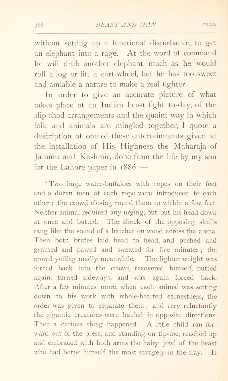 without setting up a functional disturbance, to get an elephant into a rage. At the word of command he will drub another elephant, much as he would roll a log or lift a cart-wheel, but he has too sweet and amiable a nature to make a real fighter. In order to give an accurate picture of what takes place at an Indian beast hght to-day, of the slip-shod arrangements and the quaint way in which folk and animals are mingled together, I quote a description of one of these entertainments given at the Installation of His Highness the Maharaja of Jammu and Kashmir, done from the life by my son for the Lahore paper in 1886 :— “ Two huge water-buffaloes with ropes on their feet and a dozen men at each rope were introduced to each other ; the crowd closing round them to within a few feet. Neither animal required any urging, but put his head down at once and butted. The shock of the opposing skulls rang like the sound of a hatchet on wood across the arena. Then both brutes laid head to head, and pushed and grunted and pawed and sweated for five minutes ; the crowd yelling madly meanwhile. The lighter weight was forced back into the crowd, recovered himself, butted again, turned sideways, and was again forced back. After a few minutes more, when each animal was setting down to his work with whole-hearted earnestness, the order was given to separate them ; and very reluctantly the gigantic creatures were hauled in opposite directions. Then a curious thing happened. A little child ran for- ward out of the press, and standing on tip-toe, reached up and embraced with both arms the hairy jowl of the beast who had borne himself the most savagely in the fray. It