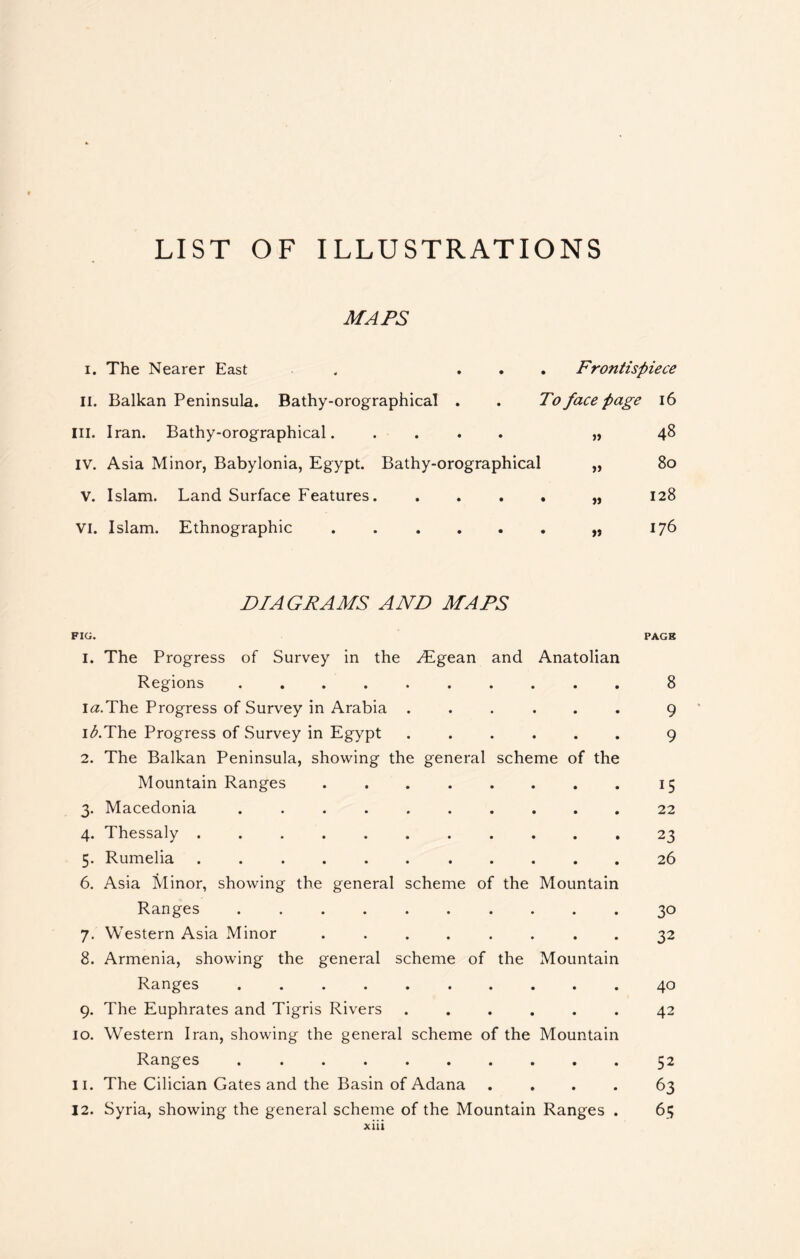 LIST OF ILLUSTRATIONS MAPS i. The Nearer East . . II. Balkan Peninsula. Bathy-orographical . III. Iran. Bathy-orographical IV. Asia Minor, Babylonia, Egypt. Bathy-orographical V. Islam. Land Surface Features. . VI. Islam. Ethnographic . Frontispiece To face page 16 48 )> » ft 80 128 I76 DIAGRAMS AND MAPS FIG. PACK 1. The Progress of Survey in the ^Egean and Anatolian Regions 8 i^.The Progress of Survey in Arabia ...... 9 iAThe Progress of Survey in Egypt 9 2. The Balkan Peninsula, showing the general scheme of the Mountain Ranges 15 3. Macedonia .......... 22 4. Thessaly ........... 23 5. Rumelia 26 6. Asia Minor, showing the general scheme of the Mountain Ranges 30 7. Western Asia Minor ........ 32 8. Armenia, showing the general scheme of the Mountain Ranges ..... 40 9. The Euphrates and Tigris Rivers ...... 42 10. Western Iran, showing the general scheme of the Mountain Ranges 52 11. The Cilician Gates and the Basin of Adana .... 63 12. Syria, showing the general scheme of the Mountain Ranges . 65