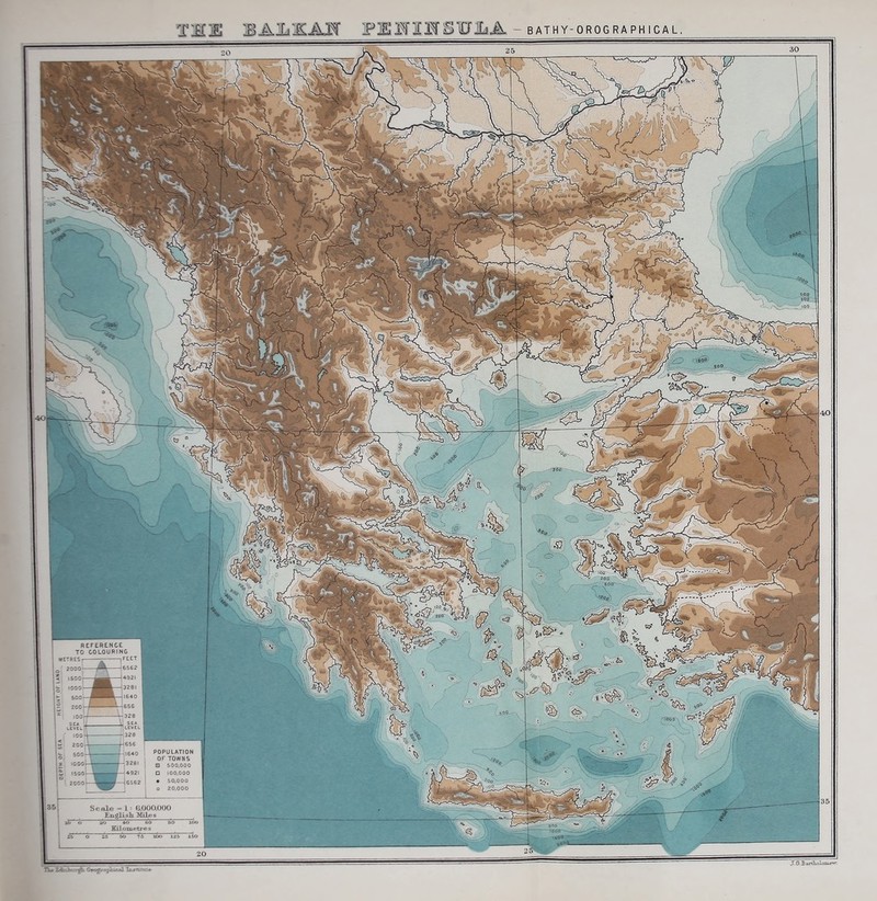 T1£I]E BAlLAAi? PlIHISllA - bathy-orographical. J. GB artLolomev^. Scale - 1 (>.000.000 English. Miles Kilometres POPULATION OF TOWNS 0 S00.000 O 100.000 • 50,000 o 20,000 TL* X&ib'.rr-gL hrtnrnU: