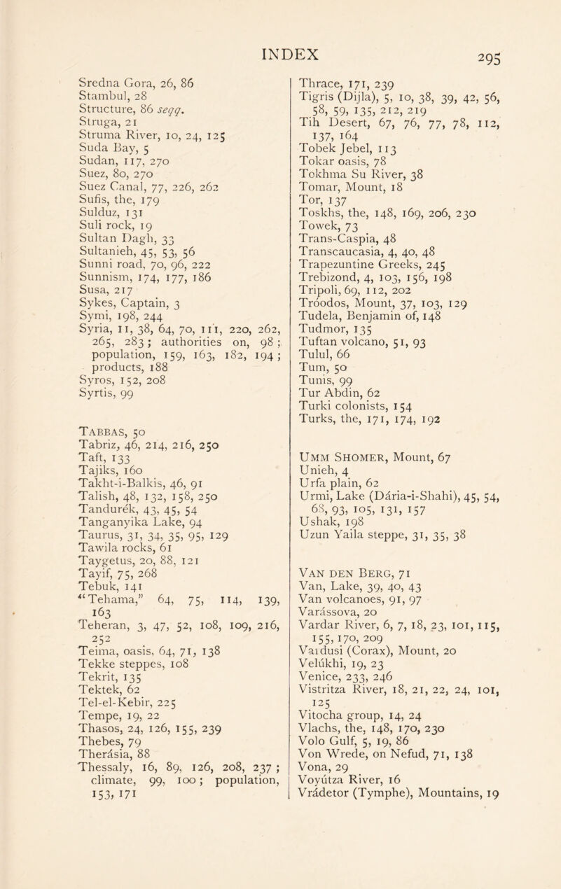 Sredna Gora, 26, 86 Stambu], 28 Structure, 86 seqq. Struga, 21 Struma River, 10, 24, 125 Suda Bay, 5 Sudan, 117, 270 Suez, 80, 270 Suez Canal, 77, 226, 262 Sufis, the, 179 Sulduz, 131 Suli rock, 19 Sultan Dagh, 33 Sultanieh, 45, 53, 56 Sunni road, 70, 96, 222 Sunnism, 174, 177, 186 Susa, 217 Sykes, Captain, 3 Symi, 198, 244 Syria, 11, 38, 64, 70, in, 220, 262, 265, 283 ; authorities on, 98 ; population, 159, 163, 182, 194; products, 188 Syros, 152, 208 Syrtis, 99 Tabbas, 50 Tabriz, 46, 214, 216, 250 Taft, 133 Tajiks, 160 Takht-i-Balkis, 46, 91 Talish, 48, 132, 158, 250 Tandurek, 43, 45, 54 Tanganyika Lake, 94 Taurus, 31, 34, 35, 95, 129 Tawila rocks, 61 Taygetus, 20, 88, 121 Tayif, 75, 268 Tebuk, 141 “ Tehama,5’ 64, 75, 114, 139, 163 Teheran, 3, 47, 52, 108, 109, 216, 252 Teima, oasis, 64, 71, 138 Tekke steppes, 108 Tekrit, 135 Tektek, 62 Tel-el-Kebir, 225 Tempe, 19, 22 Thasos, 24, 126, 155, 239 Thebes, 79 Therdsia, 88 Thessaly, 16, 89, 126, 208, 237 ; climate, 99, 100; population, 153, 171 Thrace, 171, 239 Tigris (Dijla), 5, 10, 38, 39, 42, 56, .58, 59, 135, 212, 219 Tih Desert, 67, 76, 77, 78, 112, 137, 164 Tobelc Jebel, 113 Tokar oasis, 78 Tokhma Su River, 38 Tomar, Mount, 18 Tor, 137 Toskhs, the, 148, 169, 206, 230 Towek, 73 Trans-Caspia, 48 Transcaucasia, 4, 40, 48 Trapezuntine Greeks, 245 Trebizond, 4, 103, 156, 198 Tripoli, 69, 112, 202 Troodos, Mount, 37, 103, 129 Tudela, Benjamin of, 148 Tudmor, 135 Tuftan volcano, 51, 93 Tulul, 66 Turn, 50 Tunis, 99 Tur Abdin, 62 Turki colonists, 154 Turks, the, 171, 174, 192 Umm Shomer, Mount, 67 Unieh, 4 Urfa plain, 62 Urmi, Lake (Ddria-i-Shahi), 45, 54, 68, 93, 105, 131, 157 Ushak, 198 Uzun Yaila steppe, 31, 35, 38 Van den Berg, 71 Van, Lake, 39, 40, 43 Van volcanoes, 91, 97 Varassova, 20 Vardar River, 6, 7, 18, 23, 101, 115, 155, 170, 209 Vaidusi (Corax), Mount, 20 Velukhi, 19, 23 Venice, 233, 246 Vistritza River, 18, 21, 22, 24, 101, I25 Vitocha group, 14, 24 Vlachs, the, 148, 170, 230 Volo Gulf, 5, 19, 86 Von Wrede, on Nefud, 71, 138 Vona, 29 Voyutza River, 16 Vrddetor (Tymphe), Mountains, 19