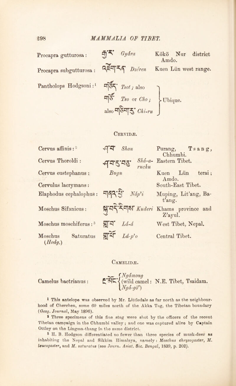 Procapra gutturosa: Procapra eubgutturosa : Gydra Dzeren Koko Nur district Amdo. Kuen Lun west range. Pantholops Hodgsoniri Tsot; also •>v Tso or Clio ; also -ru > Ubique. Cervid^. Cervus affinis: ^ Cervus Thoroldi: Cervus eustephanus : Cervulus lacrymans: Elapbodus cephalophus: Moschus Sifanicus: Moscbus moscbiferus: ^ Moschus Saturatus {Hodff.) Skau Bugtb 8Jid-a~ rucliu ^*^^*3* Efdp^i Kucleri Purang, T s a n g, Chhumbi. Eastern Tibet. Kuen Liin terai; Amdo. South-East Tibet. Muping, Lit’ang, Ba- tman g. Khams province and Z^ayul. §] R Ld-d West Tibet^ Nepal. Ld-p^o Central Tibet. Camelid^. ^Ngdmong Camelus bactrianus: < (wild camel: N.E. Tibet, Tsaidam. yNgd-gd') 1 This antelope was observed by Mr. Littledale as far north as the neighbour- hood of Cherohen, some 60 miles north of the Akka Tag, the Tibetan boundary (Oeog. Journal^ May 1896). 8 Three specimens of this fine stag were sliot by the officers of the recent Tibetan campaign in the Chhumbi valley ; and one was captured alive by Captain Ottley on the Lingma-thang in the same district. 8 H. B. Hodgson differentiated no fewer than three species of musk-deer as inhabiting the T^epal and Sikkim Himalaya, namely: Moschus chrysogaster, M. leucogaster^ and M. saturatus (see Journ. Asiat. 8oc. Bengal, 1839, p. 202).