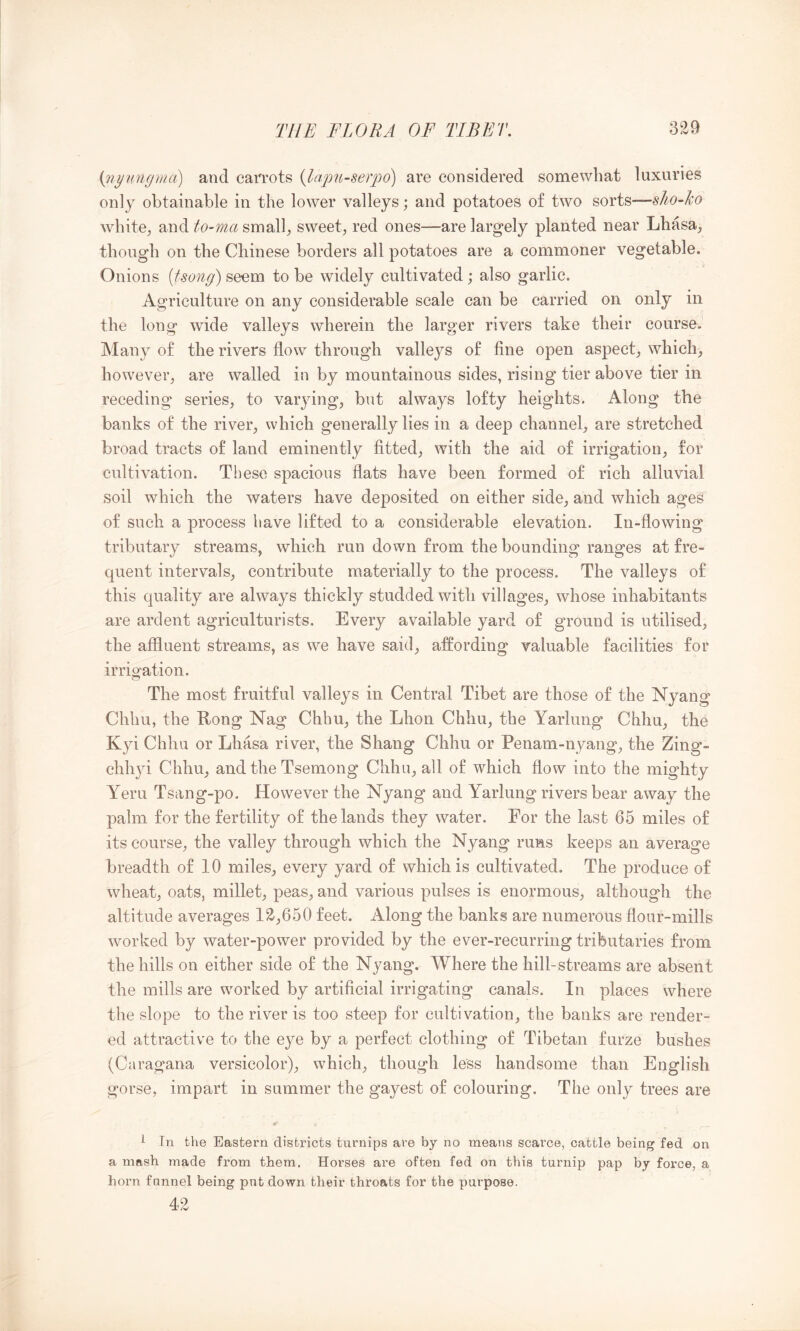 Oiywignui) and carrots {lapu-serjoo) are considered somewhat luxuries only obtainable in the lower valleys; and potatoes of two sorts—sho-Jco 'white, and to-ma small, sweet, red ones—are largely planted near Lhasa, though on the Chinese borders all potatoes are a commoner vegetable. Onions [tsong) to be widely cultivated; also garlic. Agriculture on any considerable scale can be carried on only in the long wide valleys wherein the larger rivers take their course. Many of the rivers flow through valleys of fine open aspect, which, however, are walled in by mountainous sides, rising tier above tier in receding series, to varjdng, but always lofty heights. Along the banks of the river, which generally lies in a deep channel, are stretched broad tracts of land eminently fitted, with the aid of irrigation, for cultivation. These spacious flats have been formed of rich alluvial soil which the waters have deposited on either side, and which ages of sueh a process have lifted to a considerable elevation. In-flowing tributary streams, which run down from the bounding ranges at fre- quent intervals, contribute materially to the process. The valleys of this quality are always thickly studded with villages, whose inhabitants are ardent agrieulturists. Every available yard of ground is utilised, the affluent streams, as we have said, affording valuable facilities for irrigation. The most fruitful valleys in Central Tibet are those of the Nyang Chhu, the Rong Nag Chhu, the Lhon Chhu, the Yarlung Chhu, the Kyi Chhu or Lhasa river, the Shang Chhu or Penam-nyang, the Zing- chhyi Chhu, and the Tsemong Chhu, all of which flow into the mighty Yeru Tsang-po. However the Nyang and Yarlung rivers bear away the palm for the fertility of the lands they water. For the last 65 miles of its course, the valley through whieh the Nyang runs keeps an average breadth of 10 miles, every yard of which is cultivated. The produce of wheat, oats, millet, peas, and various pulses is enormous, although the altitude averages 12,650 feet. Along the banks are numerous flour-mills worked by water-power provided by the ever-recurring tributaries from the hills on either side of the Nyang. Where the hill-streams are absent the mills are w^orked by artificial irrigating canals. In places where the slope to the river is too steep for cultivation, the banks are render- ed attractive to the eye by a perfect clothing of Tibetan furze bushes (Caragana versicolor), which, though less handsome than English gorse, impart in summer the gayest of colouring. The only trees are ¥ A In the Eastern districts turnips are by no means scarce, cattle being fed on a mash made from them. Horses are often fed on this turnip pap by force, a horn fnnnel being pnt down their throats for the purpose. 42
