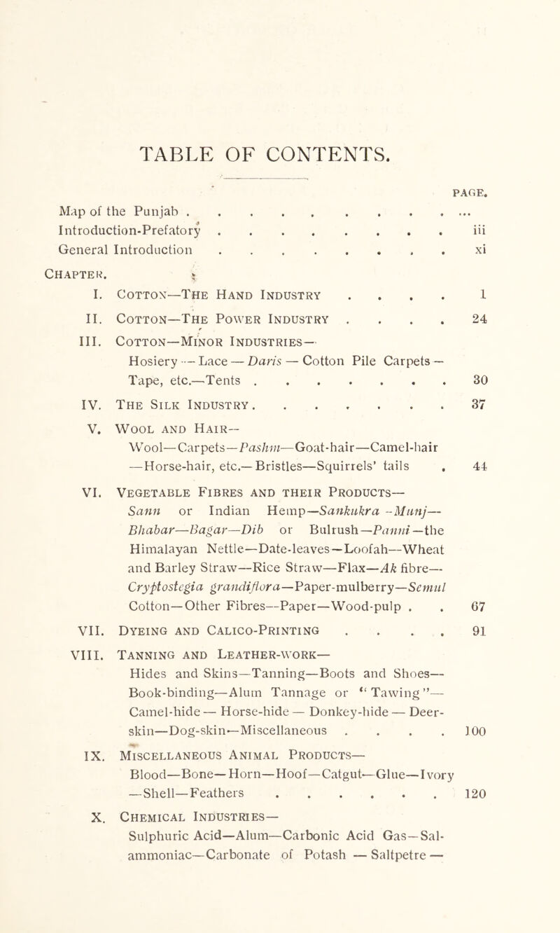 TABLE OF CONTENTS. PAGE. Map of the Punjab Introduction-Prefatory ........ iii General Introduction xi Chapter. * I. Cotton—The Hand Industry .... I II. Cotton—The Power Industry .... 24 r III. Cotton—Minor Industries— Hosiery — Lace — Daris — Cotton Pile Carpets — Tape, etc.—Tents 30 IV. The Silk Industry .37 V. Wool and Hair— Wool—Carpets—Pashm—Goat-hair—Camel-hair — Horse-hair, etc.—Bristles—Squirrels’ tails , 44 VI. Vegetable Fibres and their Products— Sann or Indian Hemp —Sankukra -Munj— Bhabar—Bagar—Dib or Bulrush— Panni— the Himalayan Nettle—Date-leaves—Loofah—Wheat and Barley Straw—Rice Straw—Flax—Ak fibre— Cryptostegia grandifiora—Paper-mulberry—Semul Cotton—Other Fibres—Paper—Wood-pulp . . 07 VII. Dyeing and Calico-Printing . . 91 VIII. Tanning and Leather-work— Hides and Skins—Tanning—Boots and Shoes— Book-binding—Alum Tannage or “Tawing”— Camel-hide— Horse-hide— Donkey-hide-— Deer- skin—Dog-skin—Miscellaneous . . . .100 IX. Miscellaneous Animal Products— Blood—Bone—Horn—Hoof—Catgut—Glue—Ivory — Shell—Feathers 120 X. Chemical Industries— Sulphuric Acid—Alum—Carbonic Acid Gas—Sal- ammoniac—Carbonate of Potash — Saltpetre —