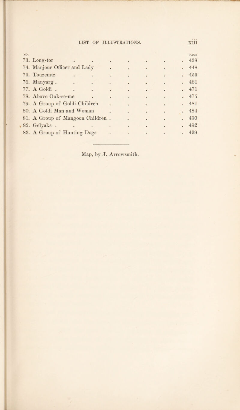 NO. 73. Long-tor 74. Manjour Officer and Lady 75. Touzemtz 76. Manyarg . 77. A Goldi . 78. Above Ouk-se-me 79. A Group of Goldi Children 80. A Goldi Man and Woman 81. A Group of Mangoon Children « 82. Gelyaks . 83. A Group of Hunting Dogs PAGE 438 448 455 461 471 475 481 484 490 492 499 Map, by J. Arrowsmith.