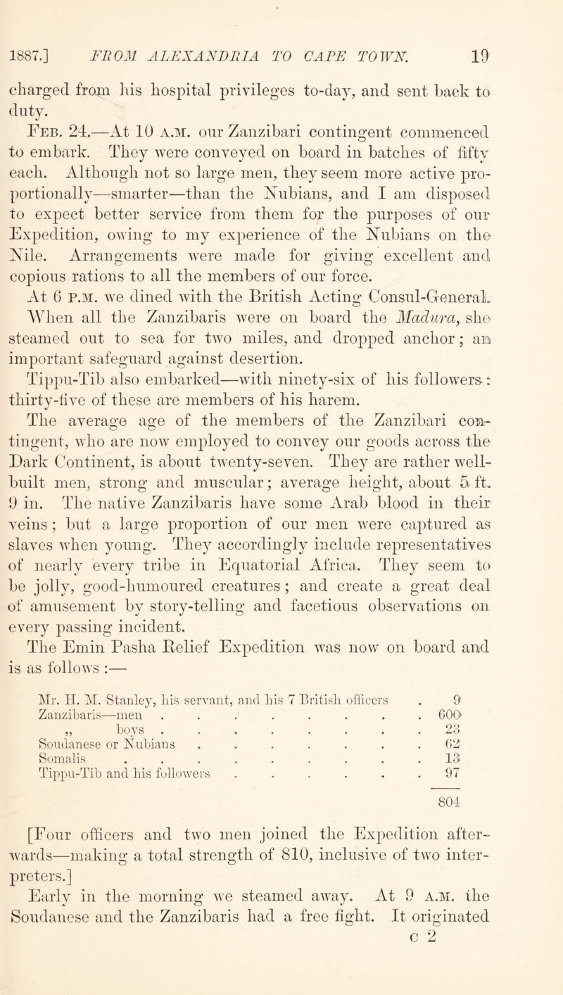 charged from his hospital privileges to-day, and sent hack to duty. Feb. 21.—At 10 a.m. oiir Zanzibari continorent commenced O to embark. They were conveyed on board in batches of fifty each. Although not so large men, they seem more active pro- portionally—smarter—than the Nubians, and I am disposed to expect better service from them for the purposes of our Expedition, owing to my experience of the Nubians on the Nile. Arrangements were made for giving excellent and^ copious rations to all the members of our force. At 6 P.M. we dined with the British Acting Consul-GeneraL When all the Zanzibaris were on board the Madura, she steamed out to sea for two miles, and dropped anchor; an important safeguard against desertion. Tippu-Tib also embarked—with ninety-six of his followers-: thirty-live of these are members of his harem. The average age of the members of the Zanzibari con- tingent, who are now employed to convey our goods across the Dark Continent, is about twenty-seven. They are rather well- built men, strong and muscular; average height, about 5 ft. 9 in. The native Zanzibaris have some Arab blood in their veins; but a large proportion of our men were captured as slaves when young. They accordingly include representatives of nearly every tribe in Equatorial Africa. They seem to be jolly, good-humoured creatures ; and create a great deal of amusement by story-telling and facetious observations on every passing incident. The Emin Pasha Belief Expedition was now on board and is as follows :— Mr. H. M. Stanley, liis servant, and liis 7 British officers Zanzibaris—men ....... „ hoys Soudanese or Muhians ...... Somalis ........ Tippii-Tih and his followers ..... 9 600 23 62 13 97 801 [Four officers and two men joined the Expedition after- wards—making a total strength of 810, inclusive of two inter- preters.] Early in the morning we steamed away. At 9 a.m. the Soudanese and the Zanzibaris had a free fight. It originated c 2