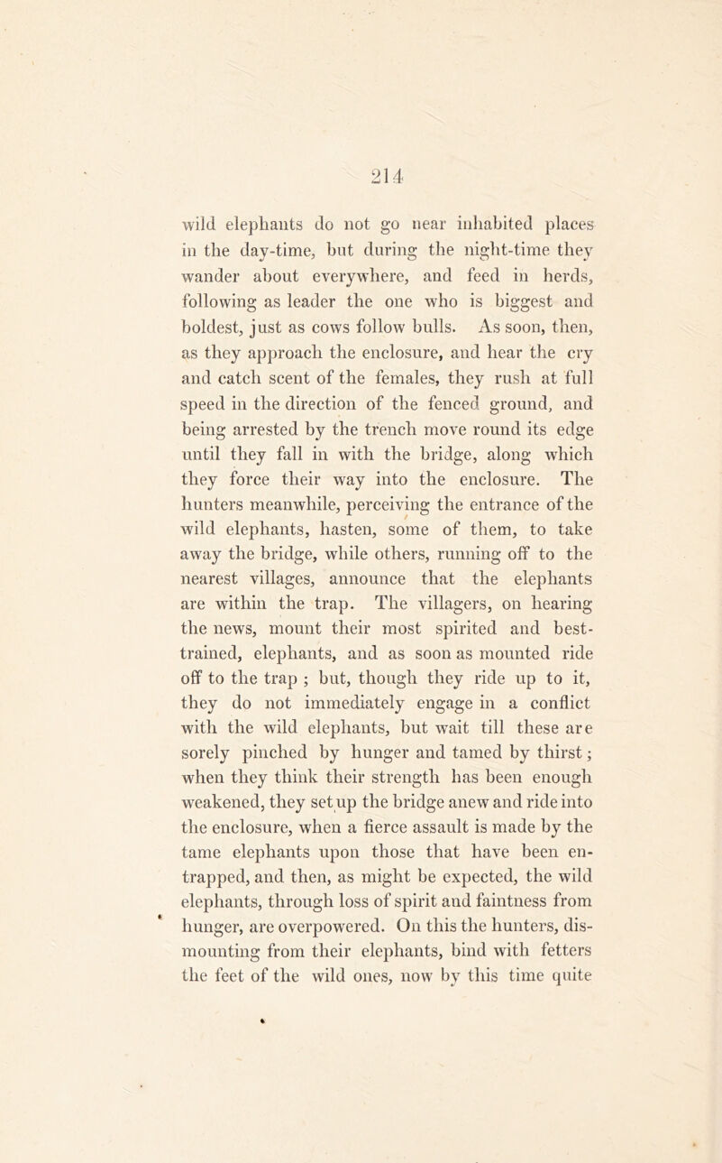 wild elephants do not go near inhabited places in the day-time, but during the night-time they wander about everywhere, and feed in herds, following as leader the one who is biggest and boldest, just as cows follow hulls. As soon, then, as they approach the enclosure, and hear the cry and catch scent of the females, they rush at full speed in the direction of the fenced ground, and being arrested by the trench move round its edge until they fall in with the bridge, along which they force their way into the enclosure. The hunters meanwhile, perceiving the entrance of the wild elephants, hasten, some of them, to take away the bridge, while others, running off to the nearest villages, announce that the elephants are within the trap. The villagers, on hearing the news, mount their most spirited and best- trained, elephants, and as soon as mounted ride off to the trap ; but, though they ride up to it, they do not immediately engage in a conflict with the wild elephants, but wait till these are sorely pinched by hunger and tamed by thirst; when they think their strength has been enough weakened, they set up the bridge anew and ride into the enclosure, when a fierce assault is made by the tame elephants upon those that have been en- trapped, and then, as might be expected, the wild elephants, through loss of spirit and faintness from hunger, are overpowered. On this the hunters, dis- mounting from their elephants, bind with fetters the feet of the wild ones, now by this time quite %