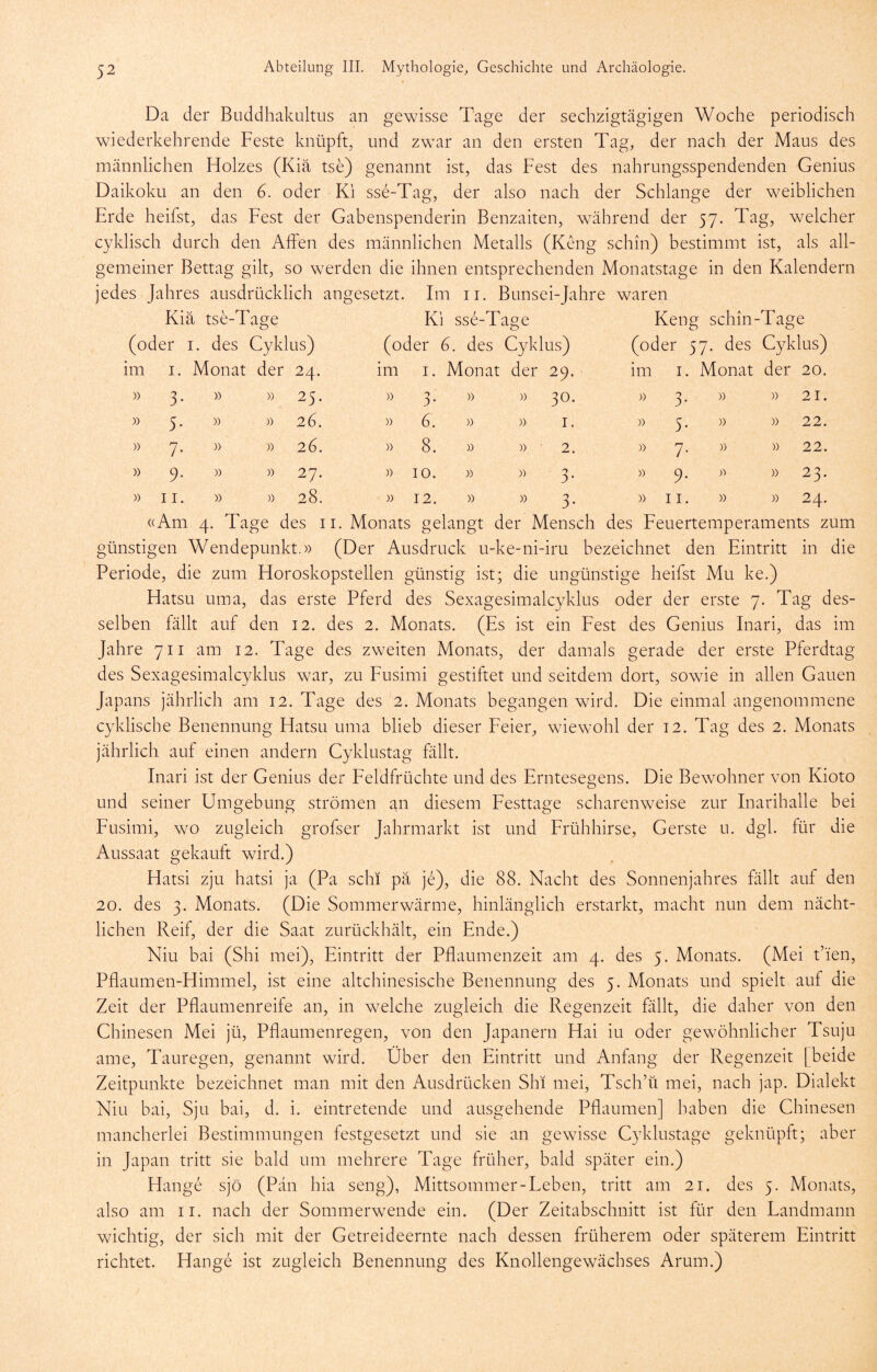 Da der Buddhakultus an gewisse Tage der sechzigtägigen Woche periodisch wiederkehrende Feste knüpft, und zwar an den ersten Tag, der nach der Maus des männlichen Holzes (Kiä tse) genannt ist, das Fest des nahrungsspendenden Genius Daikoku an den 6. oder Ki sse-Tag, der also nach der Schlange der weiblichen Erde heifst, das Fest der Gabenspenderin Benzaiten, während der 57. Tag, welcher cyklisch durch den Affen des männlichen Metalls (Keng schin) bestimmt ist, als all- gemeiner Bettag gilt, so werden die ihnen entsprechenden Monatstage in den Kalendern jedes Jahres ausdrücklich angesetzt. Im ii. Bunsei-Jahre waren Kiä tse-Tage Kl sse-Tage Keng schin-Tage (oder I. des Cyklus) (oder 6. des Cyklus) (oder 57. des Cyklus) im I. Monat der 24. im i. Monat der 29. im i. Monat der 20. )) )) )) )) » 3 5 7 9 11 )) )) )) )) )) )) )) )) )) )) 25. 26. 26. 27. 28. )) )) )) )) )) o 0* 6. 8. IO. 12. )) )) X) )) )) )) )) )) )) )) 30. 1. 2. 3- 3- )) )) )) )) )) 'j D- 5- 7- 9- II. )) )) )) )■) )) )) )) )) )) )) 21. 22. 22. 23. 24. :Am 4. Tage des ii. Monats gelangt der Mensch des Feuertemperaments zum günstigen Wendepunkt.)) (Der Ausdruck u-ke-ni-iru bezeichnet den Eintritt in die Periode, die zum Horoskopstellen günstig ist; die ungünstige heifst Mu ke.) Hatsu uma, das erste Pferd des Sexagesimalcyklus oder der erste 7. Tag des- selben fällt auf den 12. des 2. Monats. (Es ist ein Fest des Genius Inari, das im Jahre 711 am 12. Tage des zweiten Monats, der damals gerade der erste Pferdtag des Sexagesimalcyklus war, zu Fusimi gestiftet und seitdem dort, sowie in allen Gauen Japans jährlich am 12. Tage des 2. Monats begangen wird. Die einmal angenommene cyklische Benennung Hatsu uma blieb dieser Feier, wiewohl der 12. Tag des 2. Monats jährlich auf einen andern Cyklustag fällt. Inari ist der Genius der Feldfrüchte und des Erntesegens. Die Bewohner von Kioto und seiner Umgebung strömen an diesem Festtage scharenweise zur Inarihalle bei Fusimi, wo zugleich grofser Jahrmarkt ist und Frühhirse, Gerste u. dgl. für die Aussaat gekauft wird.) Hatsi zju hatsi ja (Pa sein pä je), die 88. Nacht des Sonnenjahres fällt auf den 20. des 3. Monats. (Die Sommerwärme, hinlänglich erstarkt, macht nun dem nächt- lichen Reif, der die Saat zurückhält, ein Ende.) Niu bai (Shi mei), Eintritt der Pflaumenzeit am 4. des 5. Monats. (Mei t’ien. Pflaumen-Himmel, ist eine altchinesische Benennung des 5. Monats und spielt auf die Zeit der Pflaumenreife an, in welche zugleich die Regenzeit fällt, die daher von den Chinesen Mei jü, Pflaumenregen, von den Japanern Hai in oder gewöhnlicher Tsuju ame, Tauregen, genannt wird. Über den Eintritt und Anfang der Regenzeit [beide Zeitpunkte bezeichnet man mit den Ausdrücken Shi mei, Tsch’ü mei, nach jap. Dialekt Niu bai, Sju bai, d. i. eintretende und ausgehende Pflaumen] haben die Chinesen mancherlei Bestimmungen festgesetzt und sie an gewisse Cyklustage geknüpft; aber in Japan tritt sie bald um mehrere Tage früher, bald später ein.) Hange sjö (Pan hia seng), Mittsommer-Leben, tritt am 21. des 5. Monats, also am ii. nach der Sommerwende ein. (Der Zeitabschnitt ist für den Landmann wichtig, der sich mit der Getreideernte nach dessen früherem oder späterem Eintritt richtet. Hange ist zugleich Benennung des Knollengewächses Arum.)