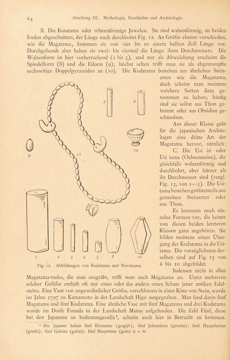 B. Die Kutatama oder röhrenförmige Juwelen. Sie sind walzenförmig, an beiden Enden abgeschnitten, der Länge nach durchbohrt Fig. 12. An Gröfse ebenso verschieden, wie die Magatama, kommen sie von vier bis zu einem halben Zoll Länge vor. Durchgehends aber haben sie zwei- bis viermal die Länge ihres Durchmessers. Die Walzenform ist hier vorherrschend (i bis 5), und nur als Abweichung erscheint die Spindelform (8) und die Eiform (9); höchst selten trifft man sie als abgestumpfte sechsseitige Doppelpyramiden an (10). Die Kudatama bestehen aus ähnlichen Stein- arten wie die Magatama, doch scheint man meistens weichere Sorten dazu ge- nommen zu haben; häufig sind sie selbst aus Thon ge- brannt oder aus Obsidian ge- schmolzen. Aus dieser Klasse geht für die japanischen Archäo- logen eine dritte Art der Magatama hervor, nämlich: C. Die Usi isi oder Usi tama (Ochsensteine), die gleichfalls walzenförmig und durchbohrt, aber kürzer als ihr Durchmesser sind (vergl. Fig. 13, von I—5). Die Usi- tama bestehen gröfstenteils aus gemeinen Steinarten oder aus Thon. Es kommen noch ein- zelne Formen vor, die keiner von diesen beiden letzteren Klassen ganz angehören. Sie bilden meistens einen Über- gang der Kudatama in die Usi- tama. Die vorzüglichsten der- selben sind auf Fig. 13 von 6 bis IO abgebildet. Indessen nicht in allen Magatama-tsubo, die man ausgräbt, trifft man auch Magatama an. Unter mehreren solcher Gefäfse enthält oft nur eines oder das andere einen Schatz jener antiken Edel- steine. Eine Vase von ungewöhnlicher Gröfse, verschlossen in einer Kiste von Stein, wurde im Jahre 1797 zu Kamamoto in der Landschaft Higo ausgegraben. Man fand darin fünf Magatama und fünf Kudatama. Eine ähnliche Vase mit fünf Magatama und drei Kudatama wurde im Dorfe Eunada in der Landschaft Mutsu aufgefunden. Die Zahl Fünf, diese bei den Japanern so bedeutungsvolle^, scheint auch hier in Betracht zu kommen. 1 Die Japaner haben fünf Elemente (gogijö), fünf Jahresfeste (goseku), fünf Hauptfarben (gosiki); fünf Gebote (gokai); fünf Haupttöne (goin) u. s. w.