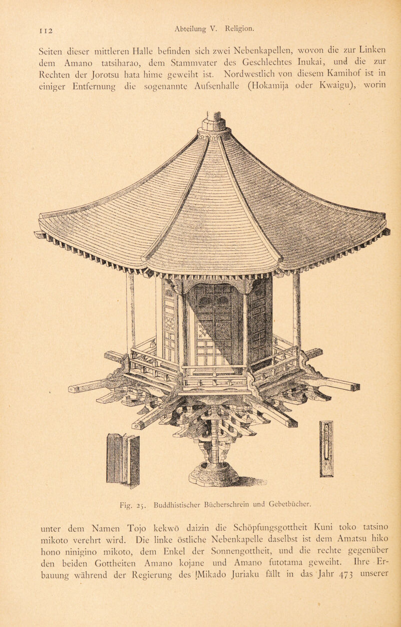 Seiten dieser mittleren Halle befinden sich zwei Nebenkapellen, wovon die zur Linken dem Amano tatsiharao, dem. Stammvater des Geschlechtes Inukai, und die zur Rechten der Jorotsu hata hime geweiht ist. Nordwestlich von diesem Kamihof ist in einiger Entfernung die sogenannte Aiifsenhalle (Hokamija oder Kwaigu), worin Fig. 25. Buddhistischer Bücherschrein und Gebetbücher. unter dem Namen Tojo kekwö daizin die Schöpfungsgottheit Kuni toko tatsino mikoto verehrt wird. Die linke östliche Nebenkapelle daselbst ist dem Amatsu hiko hono ninigino mikoto, dem Enkel der Sonnengottheit, und die rechte gegenüber den beiden Gottheiten Amano kojane und Amano fiitotama geweiht. Ihre Er- bauung während der Regierung des [Mikado Juriaku fällt in das Jahr 473 unserei