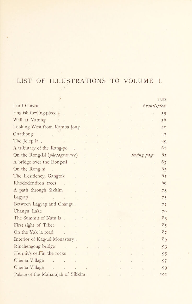 LIST OF ILLUSTRATIONS TO VOLUME I. * PAGE Lord Curzon ........ Frontispiece English fowling-piece ...... ... 15 Wall at Yatung . . . . . . . . . .36 Looking West from Kamba jong ....... 40 Gnathong ........... 47 The Jelep la ........... 49 A tributary of the Rang-po . . . . . . . .61 On the Rong-Li {photogravure) .... facing page 62 A bridge over the Rong-ni ........ 63 On the Rong-ni ........ 65 The Residency, Gangtok . . . 67 Rhododendron trees ........ 69 A path through Sikkim . . . . . . -73 Lagyap 75 Between Lagyap and Changu . . . . . -77 Changu Lake ...... ... 79 The Summit of Natu la . . ' . . ■ ^3 First sight of Tibet ......... 85 On the Yak la road . . . . . 87 Interior of Kag-ue Monastery . ...... 89 Rinchengong bridge . . . . . . -93 Hermit’s ceirin the rocks .... ... -95 Chema Village .......... 97 Chema Village .......... 99 Palace of the Maharajah of Sikkim . . . . . . toi
