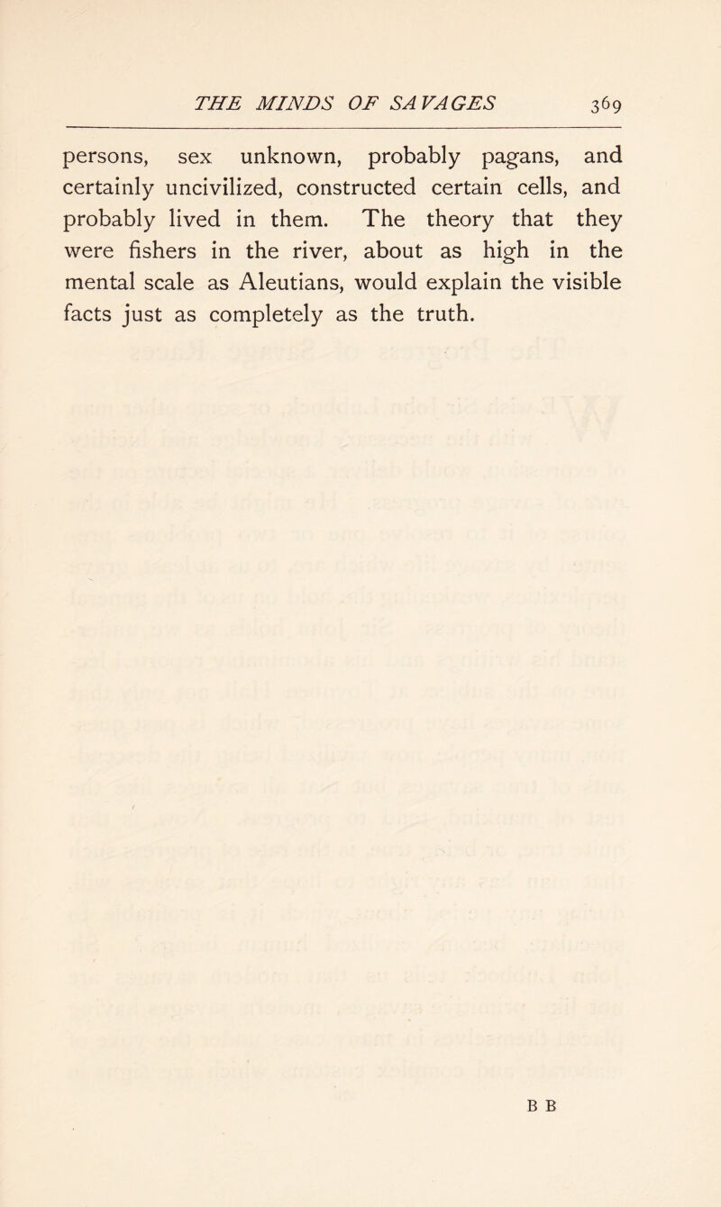 persons, sex unknown, probably pagans, and certainly uncivilized, constructed certain cells, and probably lived in them. The theory that they were fishers in the river, about as high in the mental scale as Aleutians, would explain the visible facts just as completely as the truth.